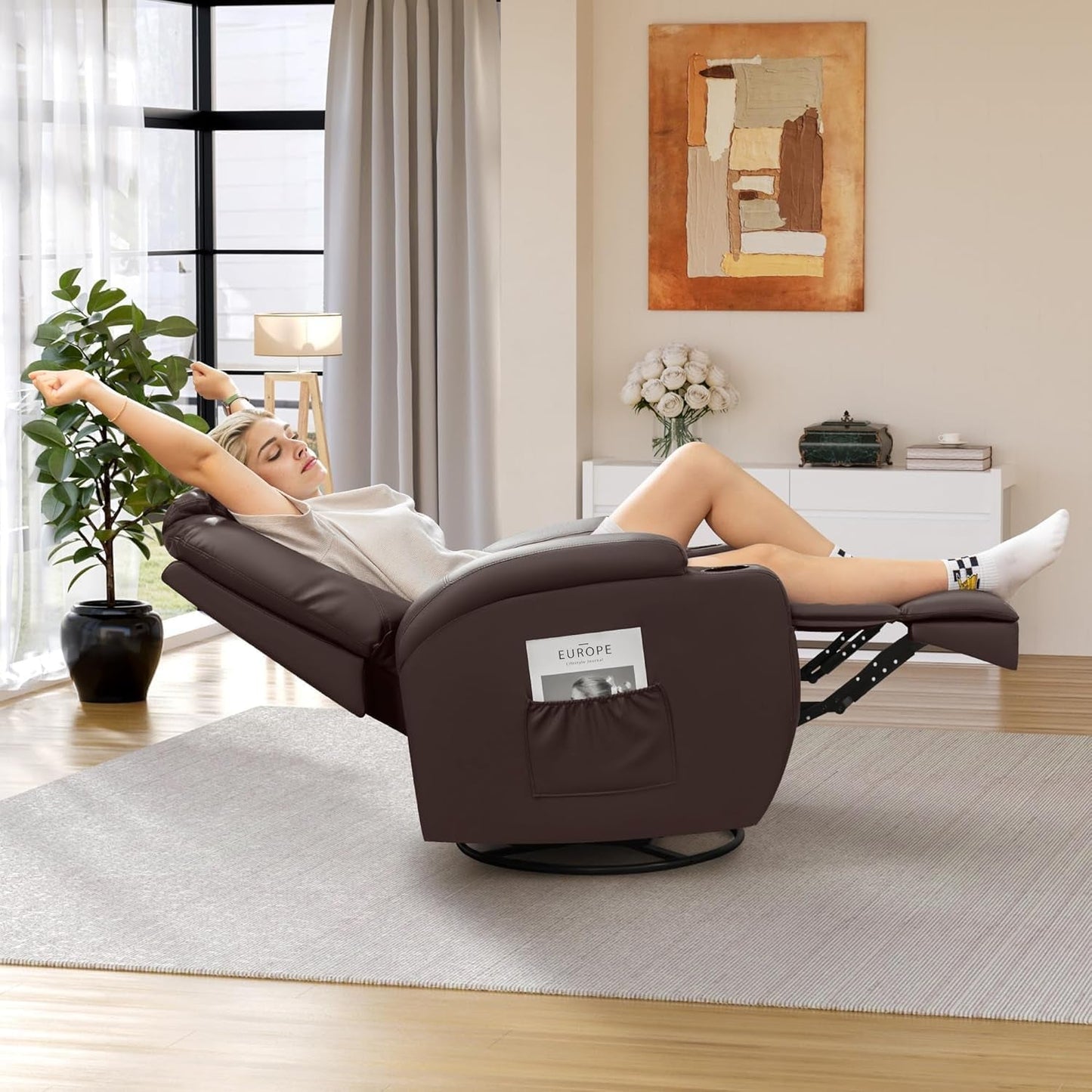 Recliner Chair, Rocking Massage Chairs, Home Reclining Sofa Chair, PU Leather, Ergonomic Living Room Chair with Cup Holders, Remote Control (Brown)-4