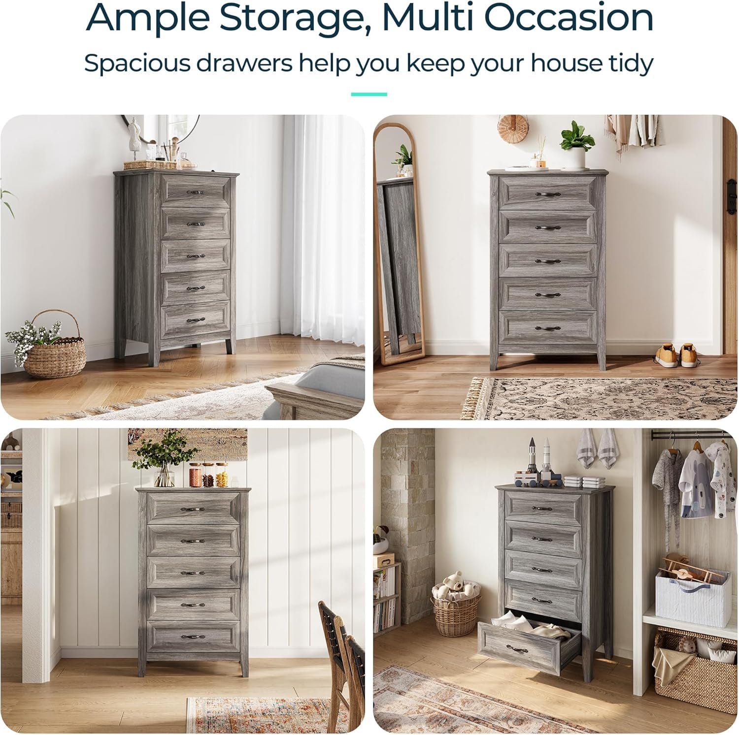 Farmhouse 5-Drawer Dresser - Grey Chest of Drawers for Bedroom and Living Room Organization, Wood Dresser with Ample Storage Space and Rustic Charm-3