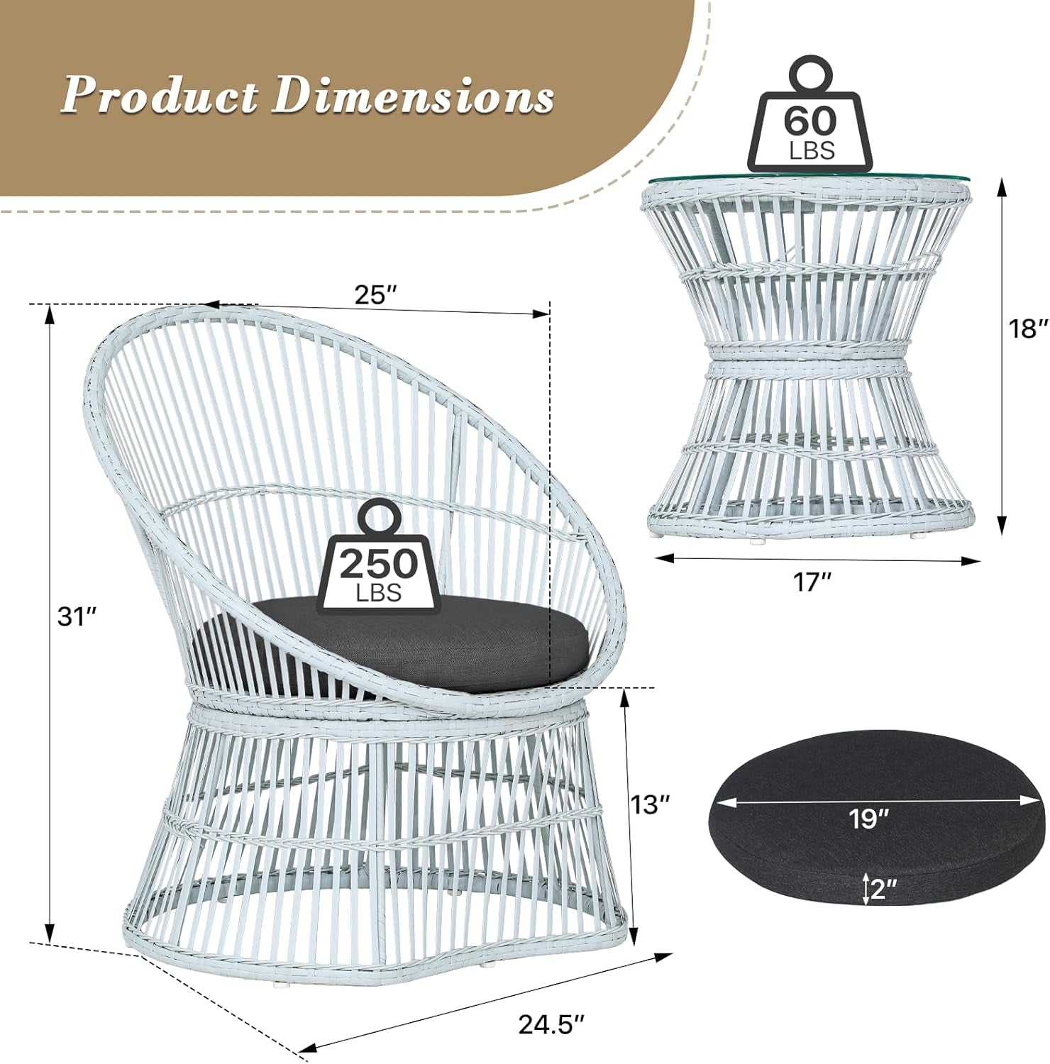 Outdoor Patio Furniture Set Wicker Bistro Set, 3 Piece Conversation Set All-Weather PE Rattan Chairs with Seat Cushions & Glass Table for Porch, Backyard, Black-2