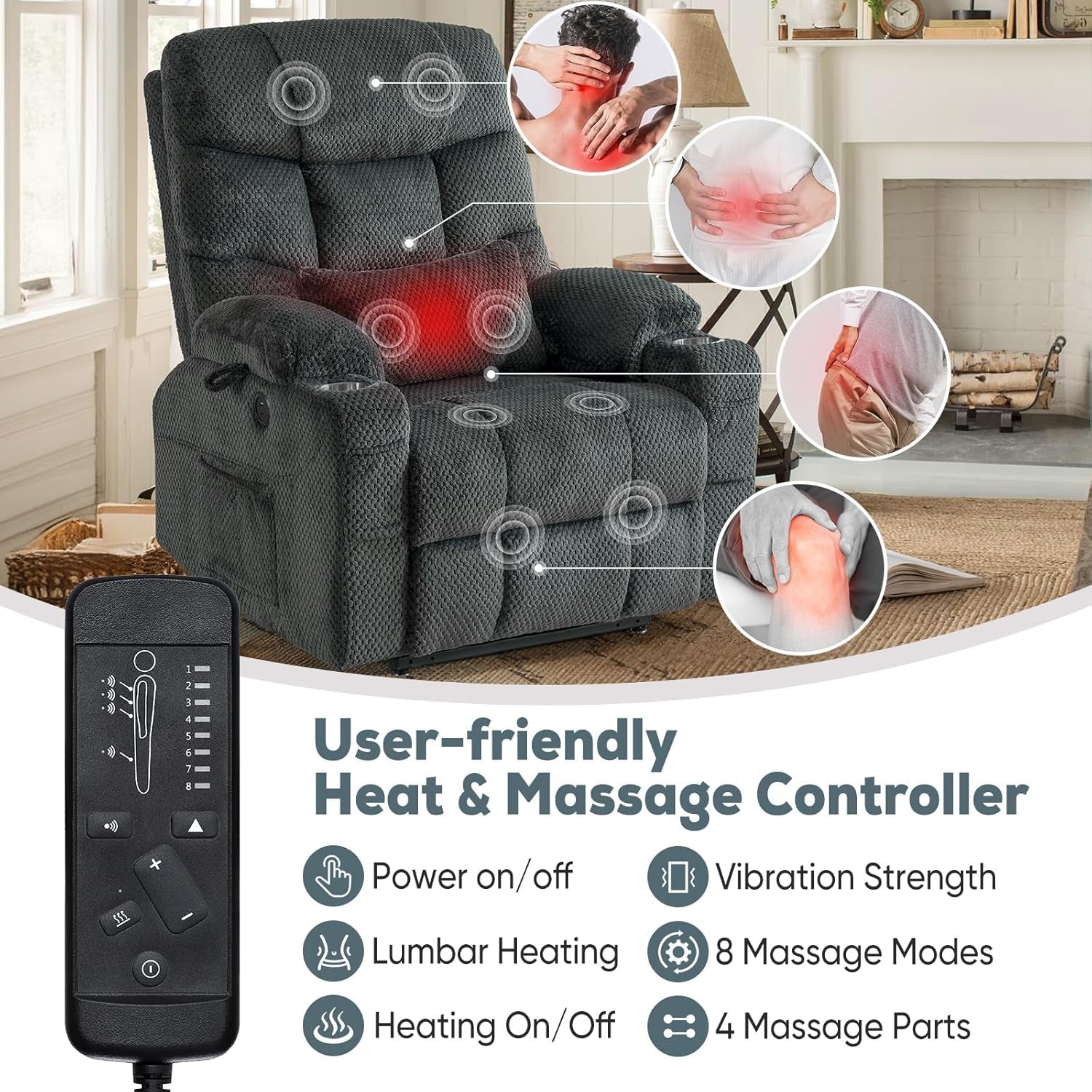 Large Dual Motor Lay Flat Power Lift Recliner Chair Set of 2 for Elderly with Massage and Heat, Textile Oversized Recliner Chair, Lift Chairs Recliner with Lumbar Pillow, Cup Holder, Grey-3