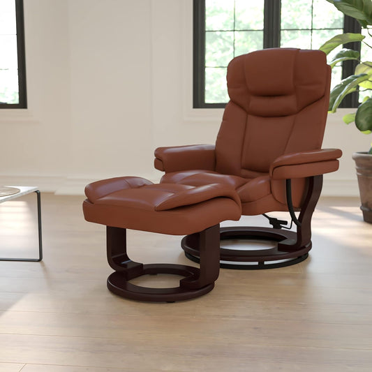 Allie Leathersoft Upholstered Recliner with Footrest, Arms, and Headrest, Padded Swivel Recliner Chair and Ottoman Set, Brown Vintage-1