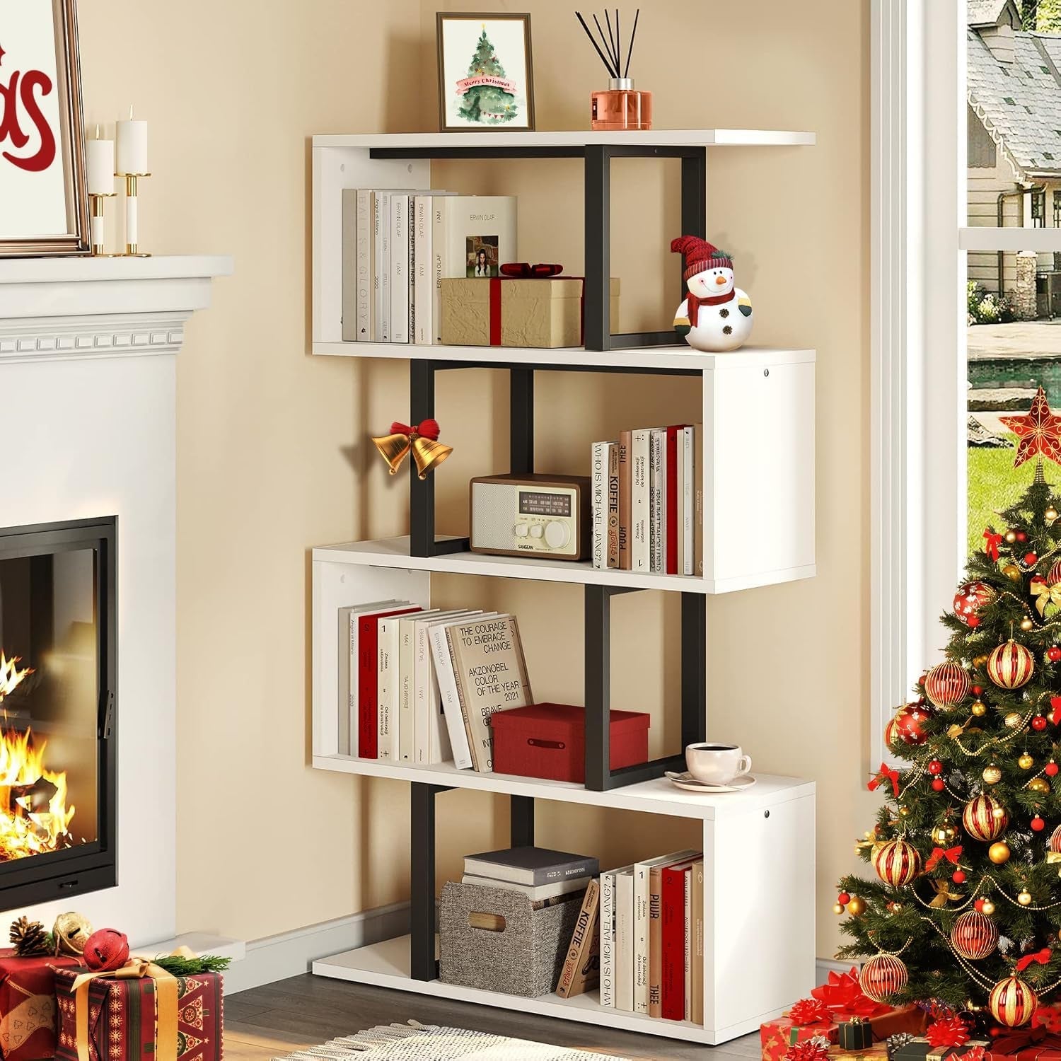 5-Tier Bookshelf, S-Shaped Z-Shelf Bookshelves and Bookcase, Modern Freestanding Multifunctional Decorative Storage Shelving for Living Room Home Office, Cream White-0