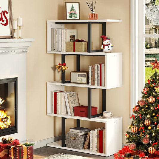 5-Tier Bookshelf, S-Shaped Z-Shelf Bookshelves and Bookcase, Modern Freestanding Multifunctional Decorative Storage Shelving for Living Room Home Office, Cream White-0