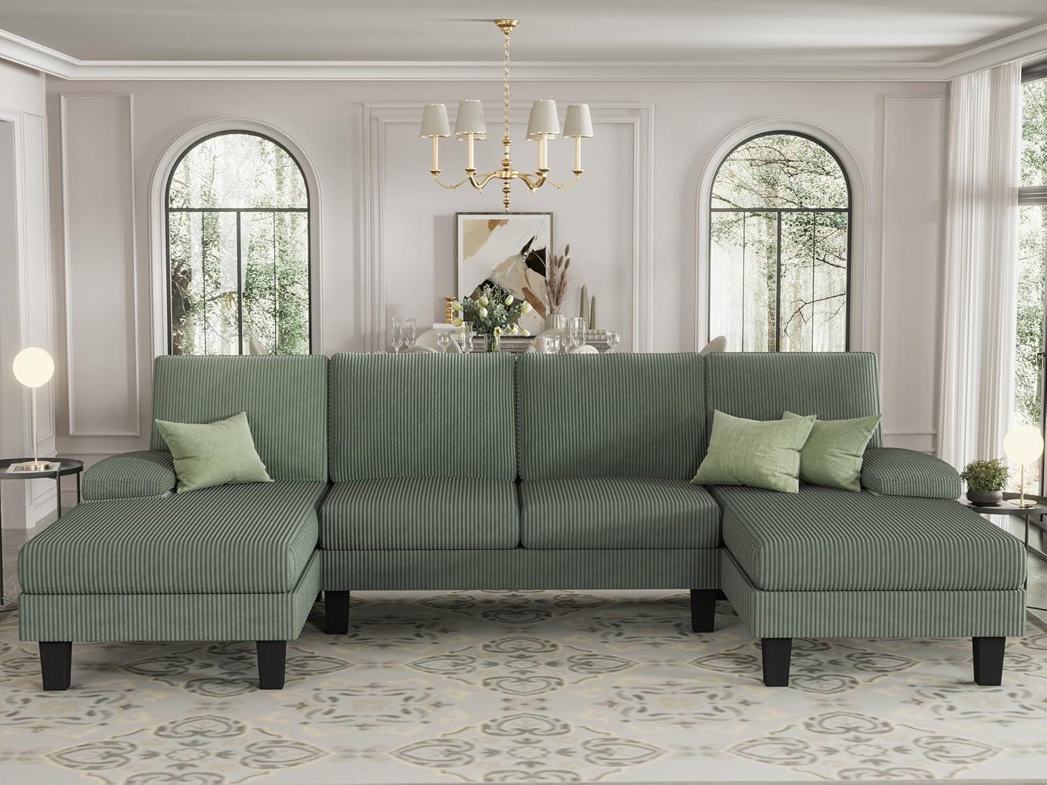 Sofa 110” Corduroy Sectional Comfy Couches for Living Room, Modern Deep Removable Back and Seat Cushions, 4 Seater Fluffy Sleeper with Soft Armrest, Green-0