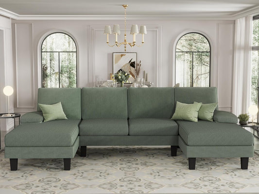 Sofa 110” Corduroy Sectional Comfy Couches for Living Room, Modern Deep Removable Back and Seat Cushions, 4 Seater Fluffy Sleeper with Soft Armrest, Green-0