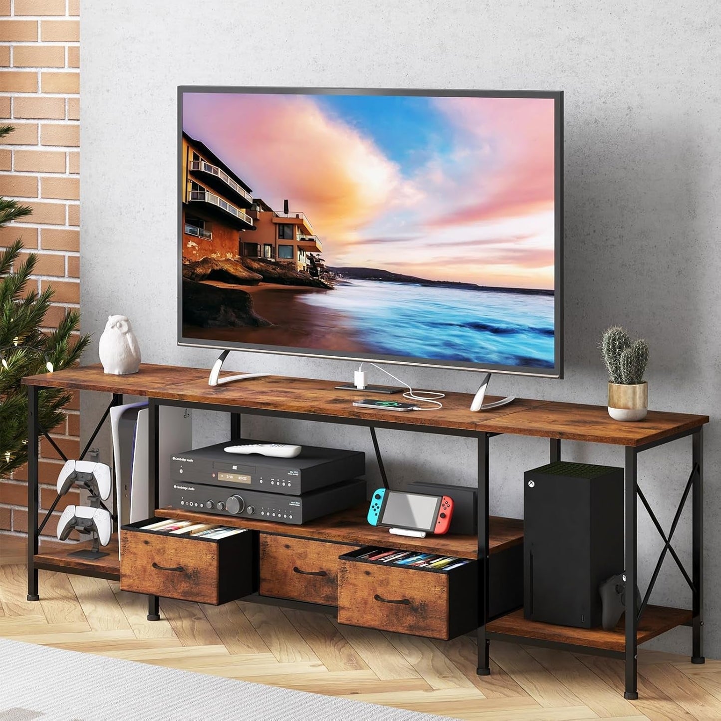 TV Stand for 65 60 70 Inch TV Entertainment Center with Power Outlets and Fabric Drawers, TV Console Table with Metal Frame Storage Shelves for Living Room, Bedroom - 63" Rustic Brown-0