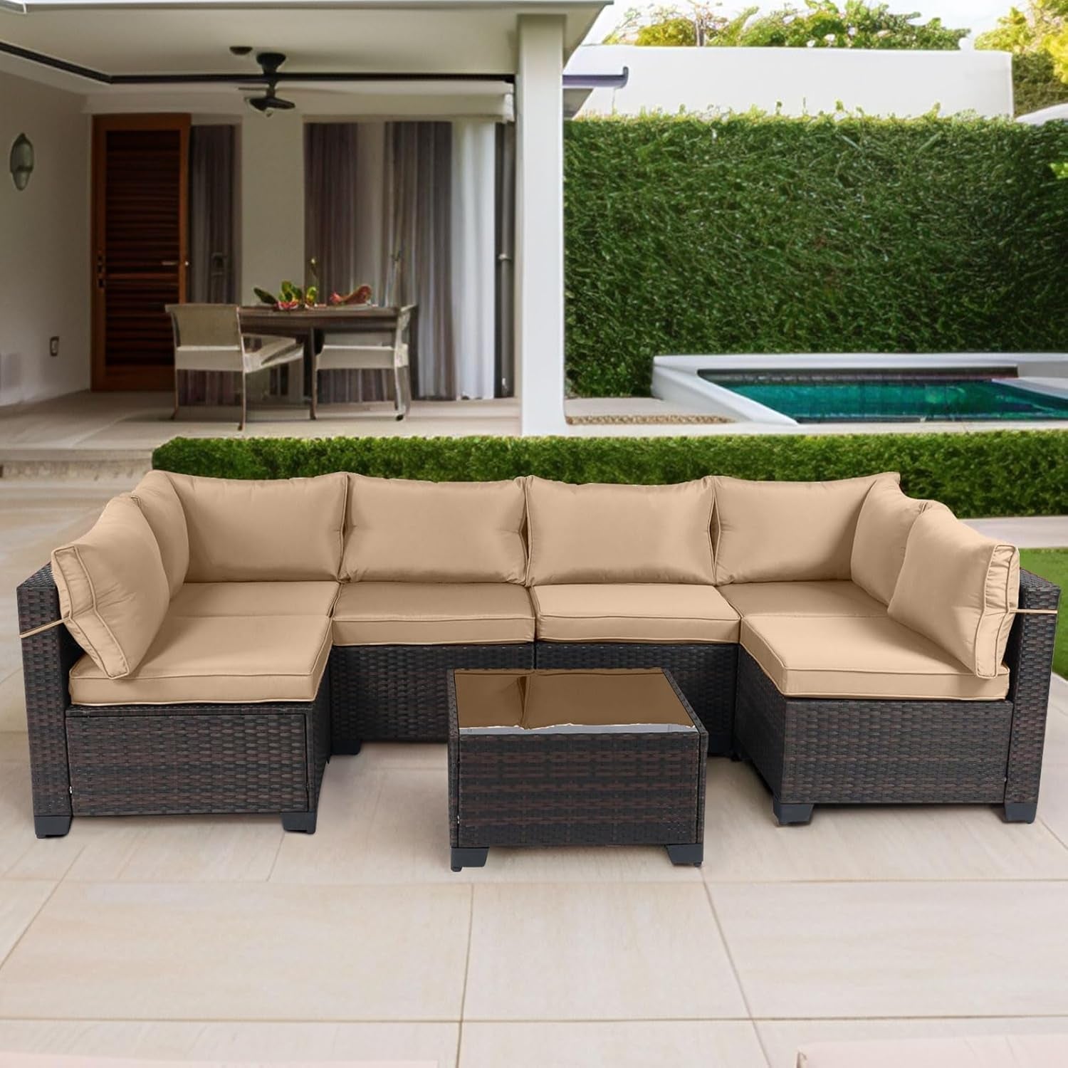 7 Pieces Outdoor Patio Furniture Sets,Rattan Conversation Sectional Set,Manual Weaving Wicker Patio Sofa with Tea Table-0