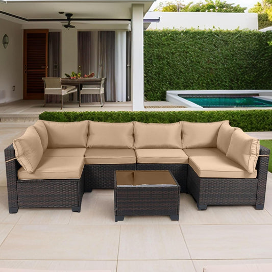 7 Pieces Outdoor Patio Furniture Sets,Rattan Conversation Sectional Set,Manual Weaving Wicker Patio Sofa with Tea Table-0