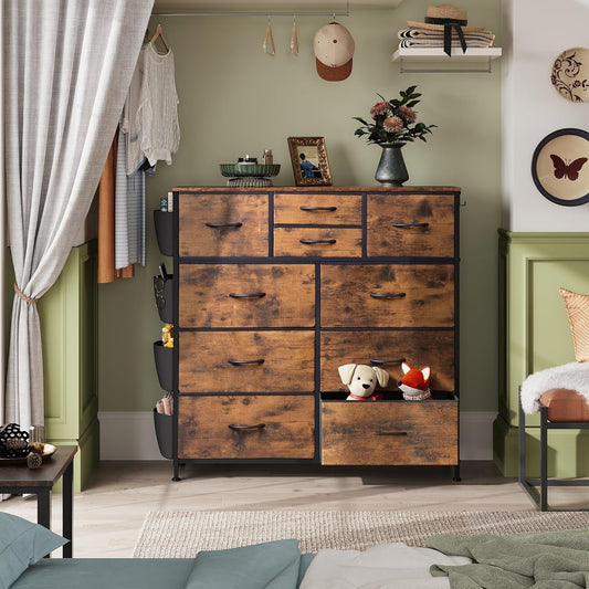 Dresser for Bedroom with 10 Drawers, Fabric Dresser Chest of Drawers with Side Pockets and Hooks, Sturdy Metal Frame, Drawers Organizer Unit for Room, Hallway, Rustic Brown Wood Grain Print-1