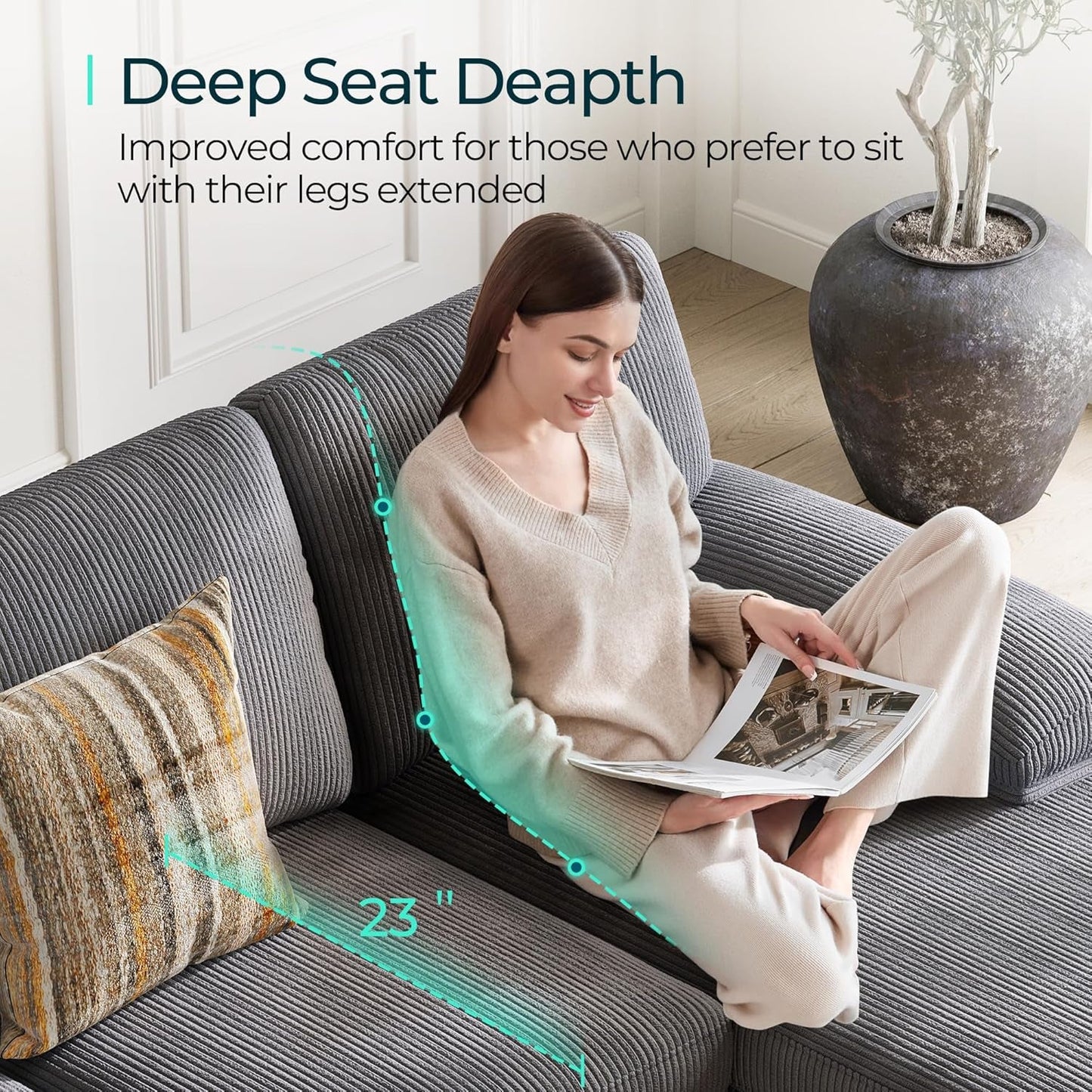 Sectional Couch, 111'' W Corduroy U Shaped Sofa with Sleepable Armrests, 4 Seat Couch with Double Chaises, Deep Sofa for Living Room, Grey-3