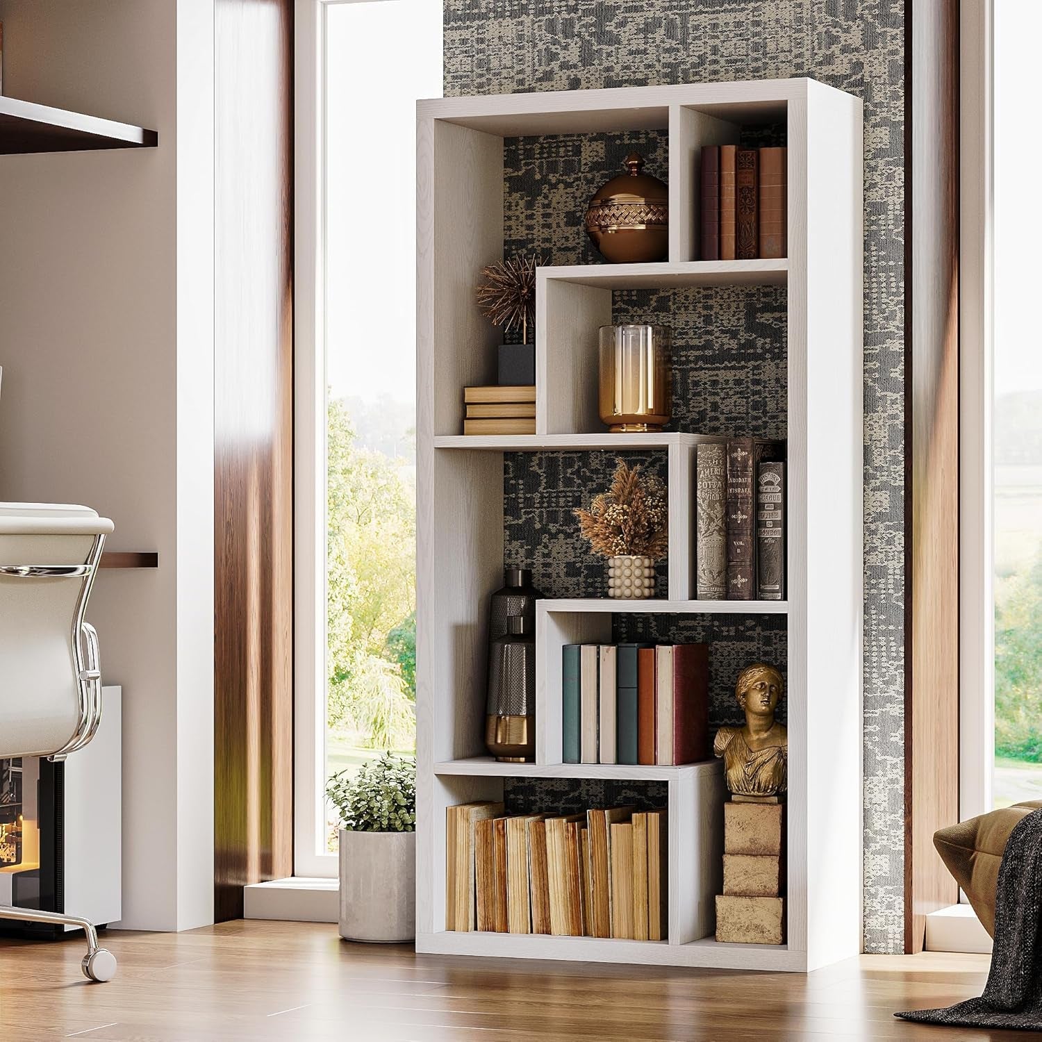 Geometric Bookcase 6-Shelf Industrial Bookshelf White Etagere Bookcase Tall Storage Display Bookshelf with Thicken Shelf for Living Room Home Office-1