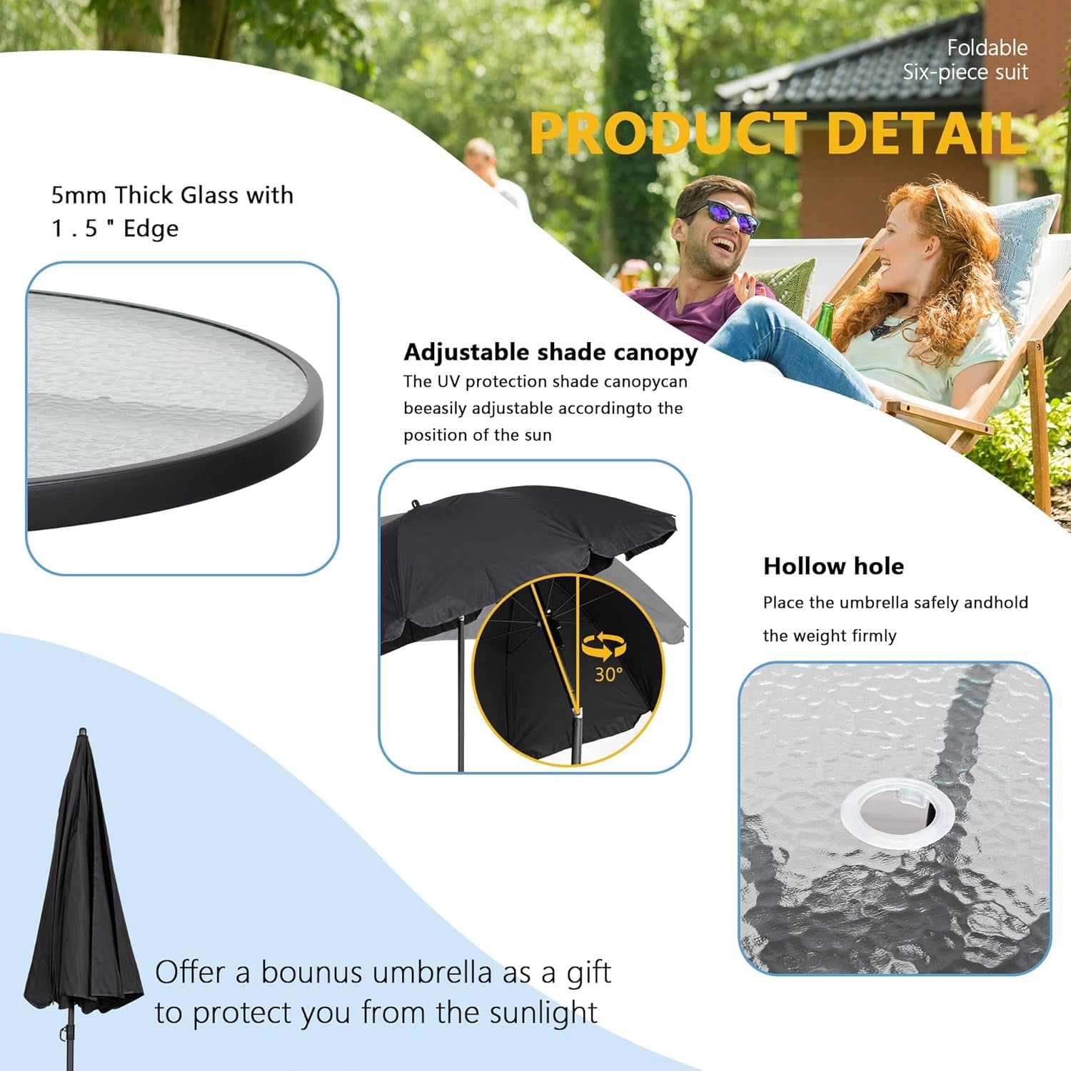 6 Piece Patio Dining Set with Umbrella, Outdoor Furniture Set with 4 Folding Chairs and Tempered Glass Top Dining Table Fot Lawn Backyard Garden Porch Black-3