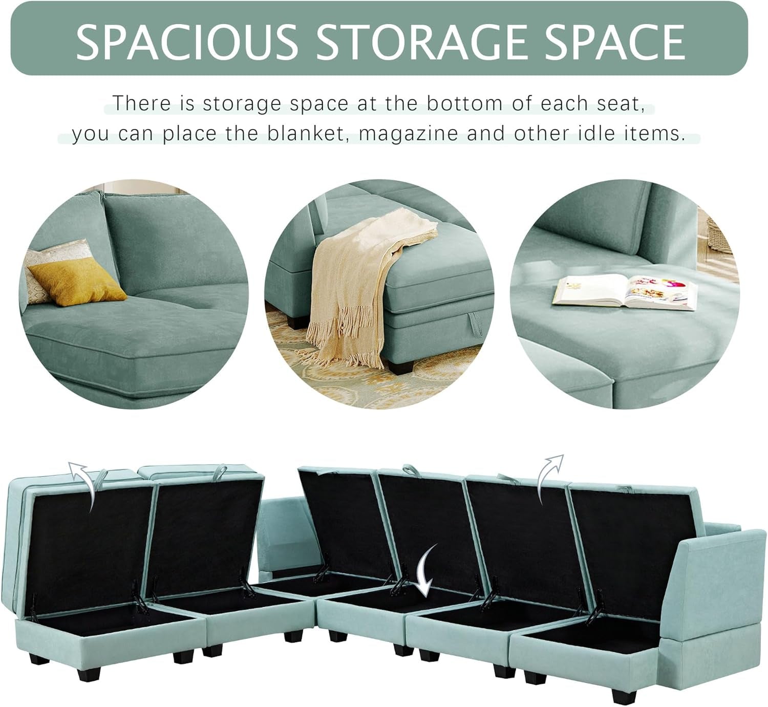 Large U-Shaped Combination Corner Sofa with Storage Seat, Modular Sectional Sofa with Reversible Chaise, for Living Room, Office, and Spacious Space, Light Green-3