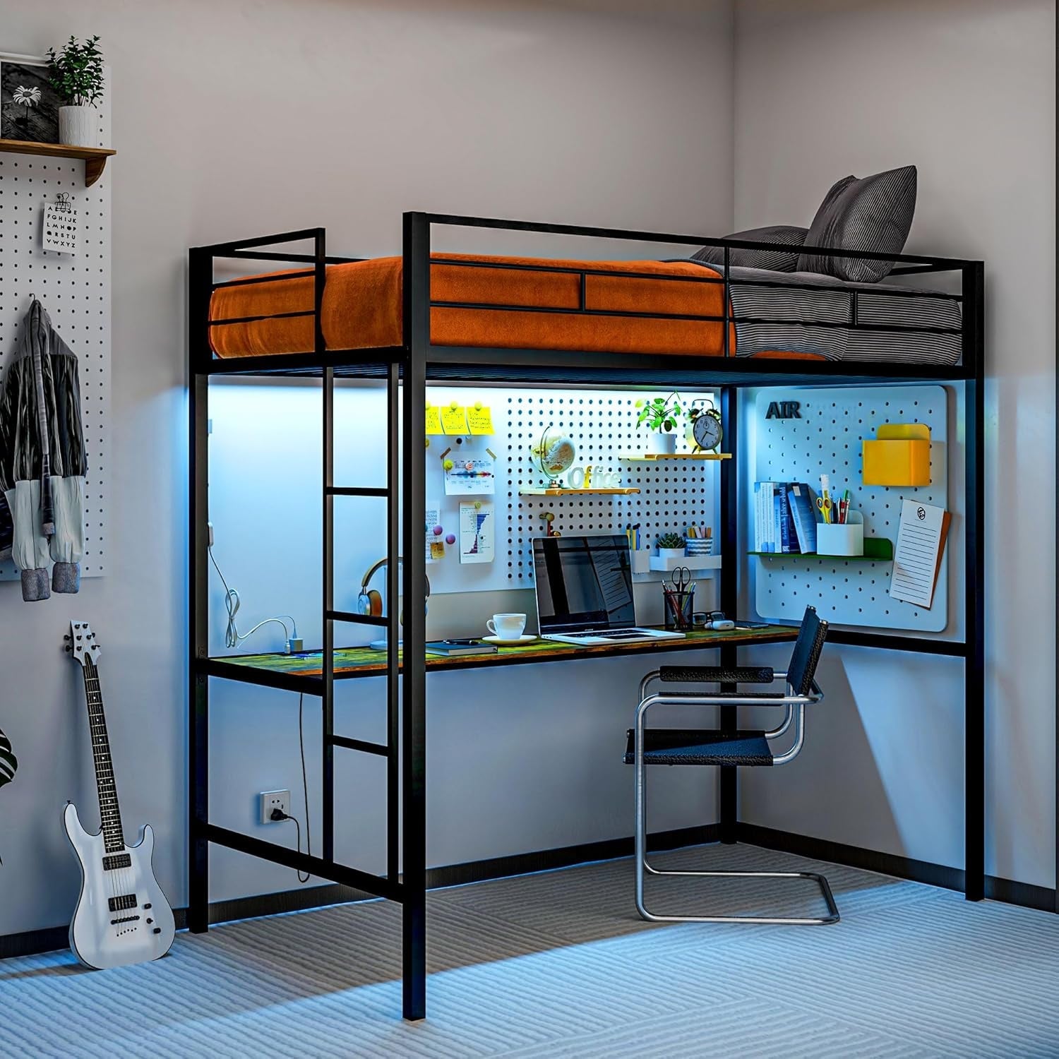 Loft Bed Twin Size with Desk, LED Lights, Charging Station, Metal Loft Bed Frame for Teens and Adults with Safety Guardrail and Ladder, Space-Saving, Noise Free, No Box Spring Needed, Black-0
