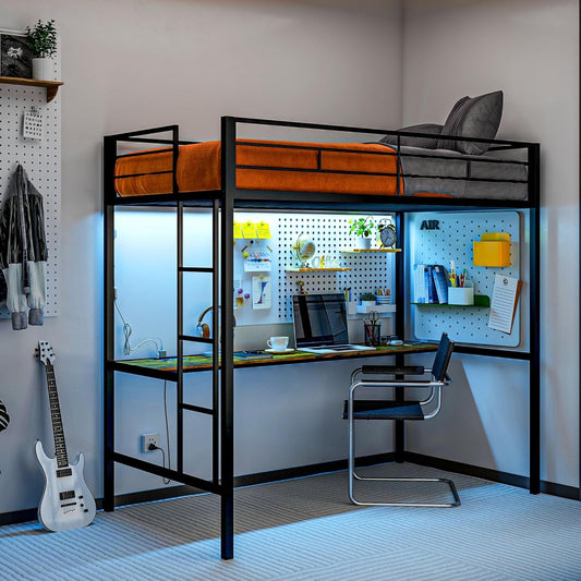 Loft Bed Twin Size with Desk, LED Lights, Charging Station, Metal Loft Bed Frame for Teens and Adults with Safety Guardrail and Ladder, Space-Saving, Noise Free, No Box Spring Needed, Black-0