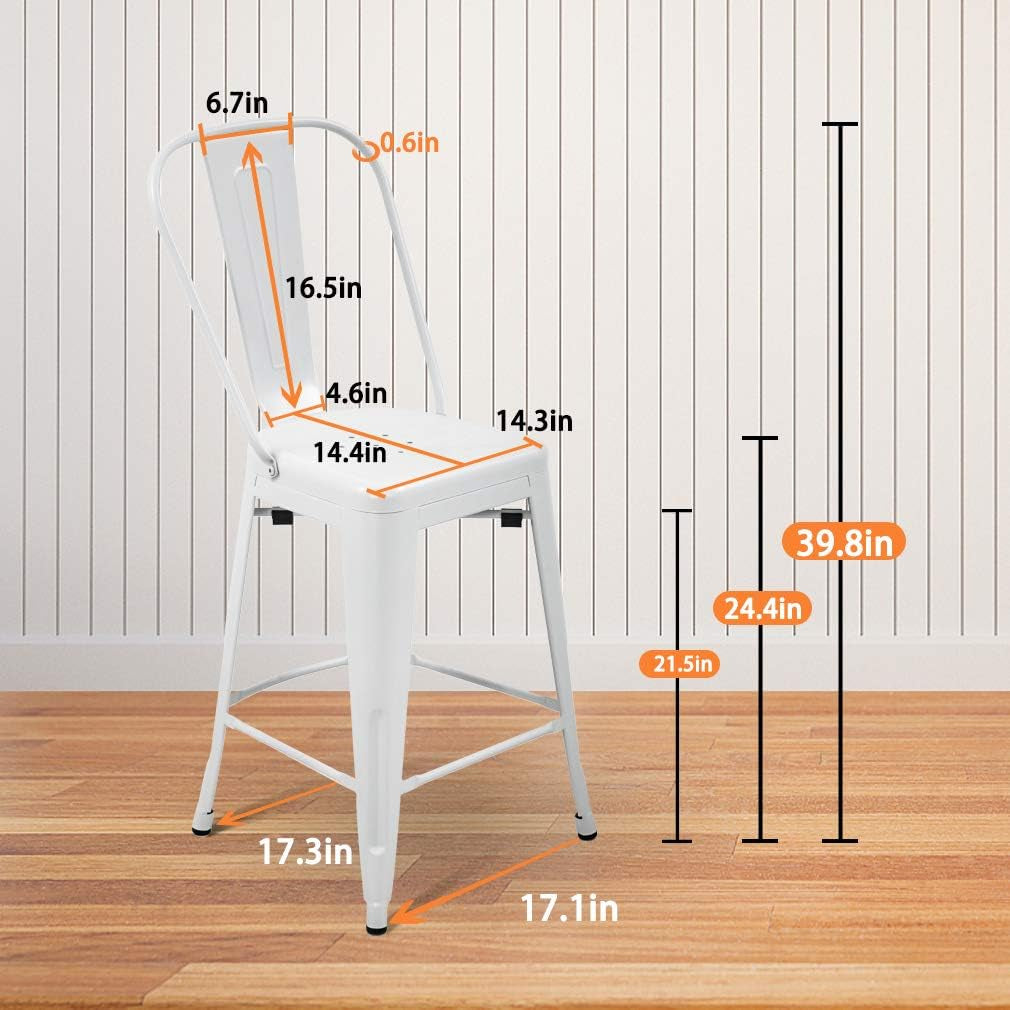 24 Inches Metal Bar Stool Set of 4 Counter Height Barstool with Back Seat, White-2