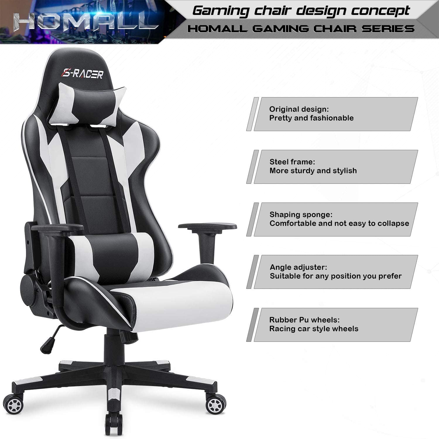 Gaming Chair, Office Chair High Back Computer Chair Leather Desk Chair Racing Executive Ergonomic Adjustable Swivel Task Chair with Headrest and Lumbar Support (White)-3