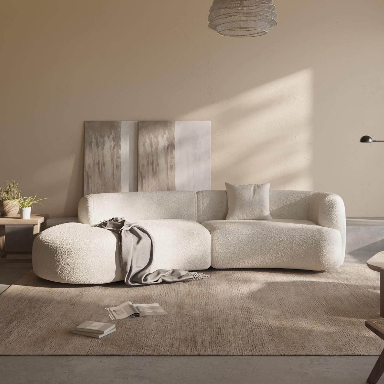 Modern Curved Sectional Living Room Couch, Minimalist Comfy Boucle Fabric Modular Sofa for Apartment, Home Office, Left Hand Facing, White-0