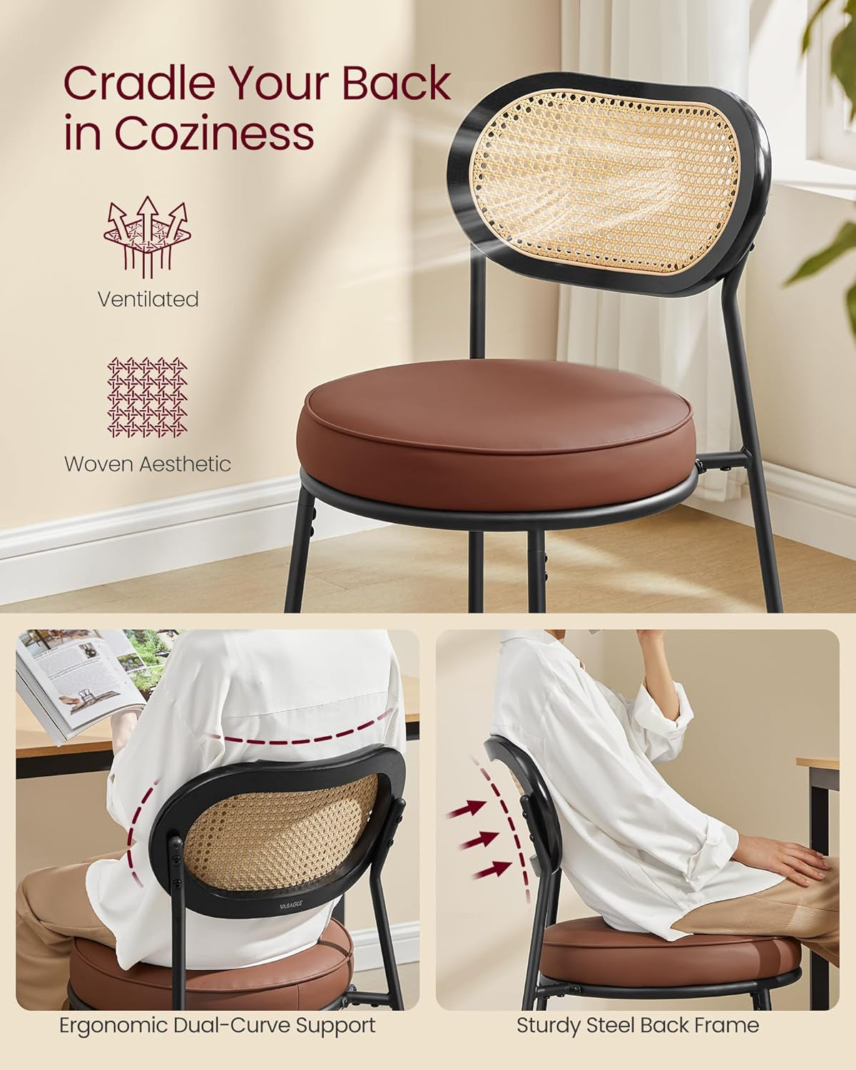 Dining Chairs, Set of 4 Dining Room Chairs with Boho PE Rattan Back, Synthetic Leather Upholstered Accent Chairs for Kitchen Living Room, Coffee Brown ULDC160K24-2