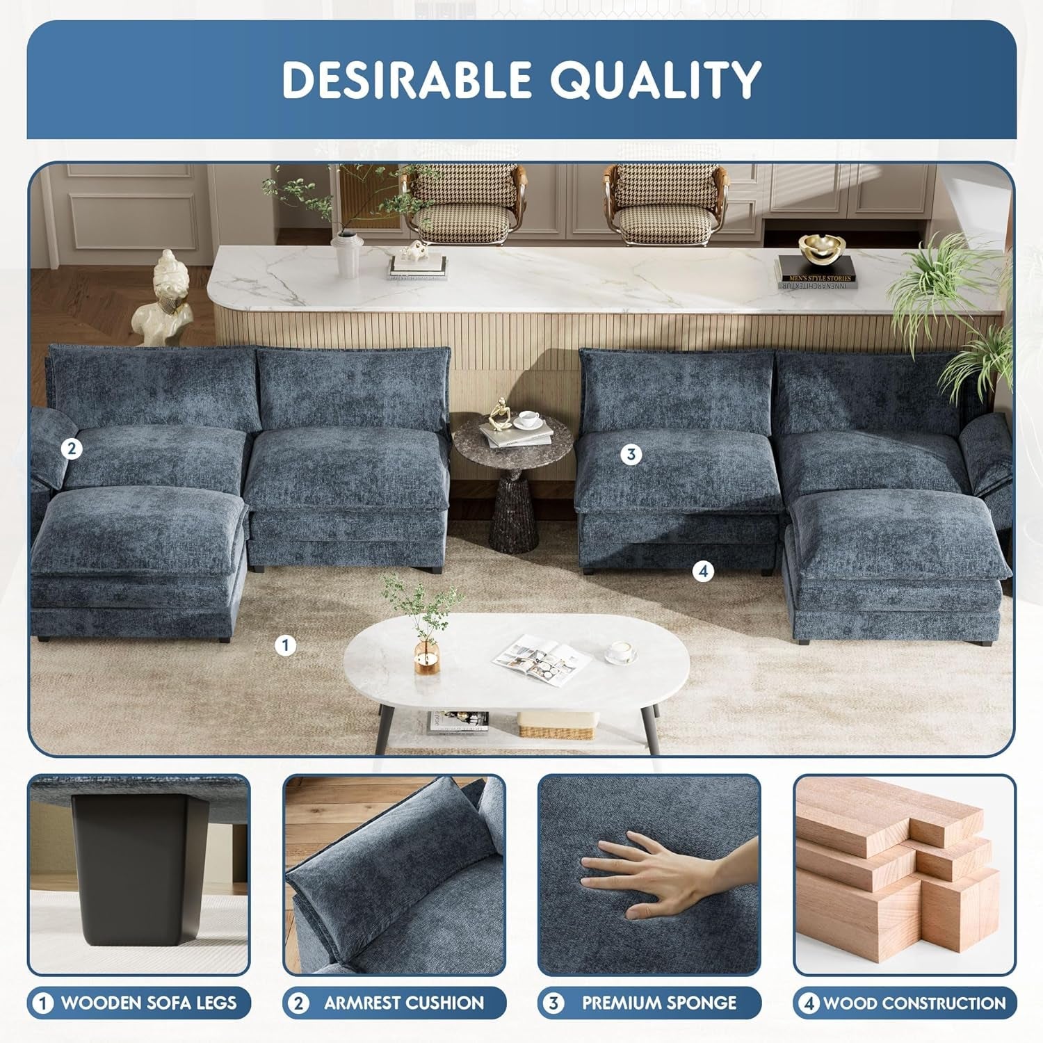 Sectional Modular Sofa U Shaped Chenille Fabric Couch with High Supportive & Soft Sponges and Removable Ottoman, Sleeper Comfy Upholstered Furniture for Living Room, Blue-4