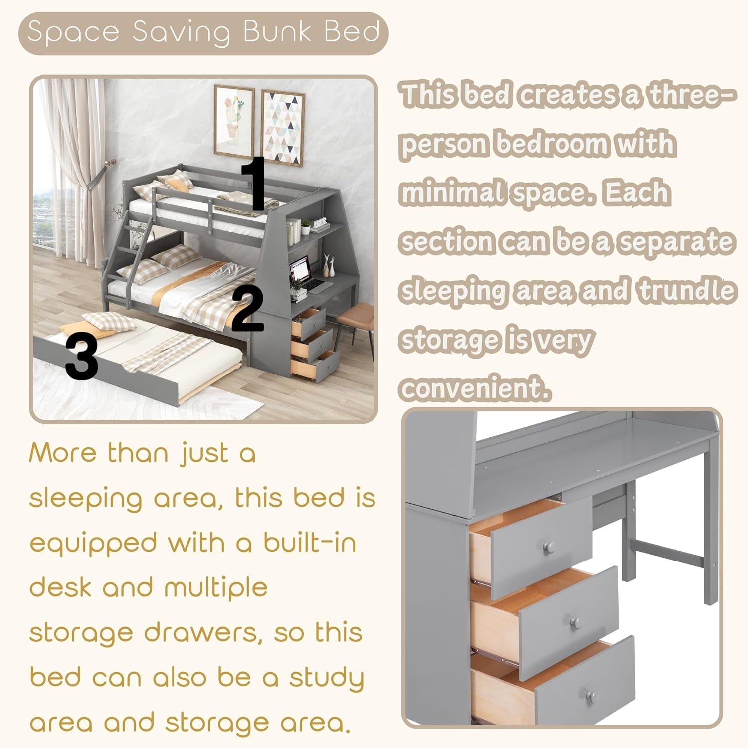 Twin over Full Bunk Beds with Trundle and Desk Wood Bunk Bed Frame with Three Storage Drawers and One Shelf for Kids Boys Girls Teens, Gray-3