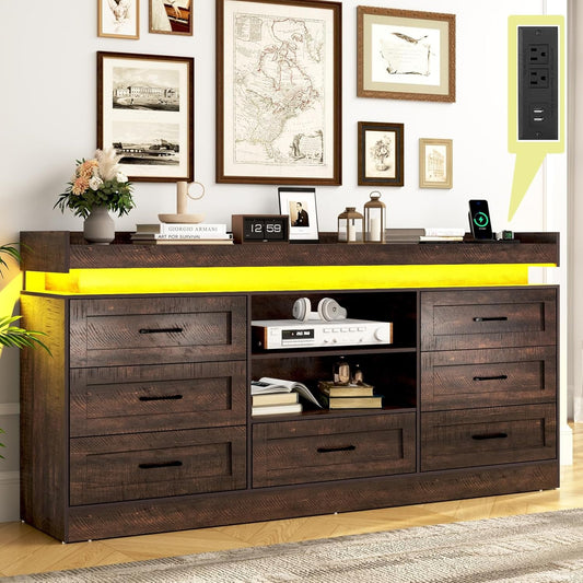 70"W Large Drawers Dresser,Tall Farmhouse 7 Drawers Dresser for Bedroom +2 Open Storage Shelves,With LED Light and Power Outlets,Wide Wood 7 Chests of Drawers for Closet for Bedroom(Antique Brown)-0