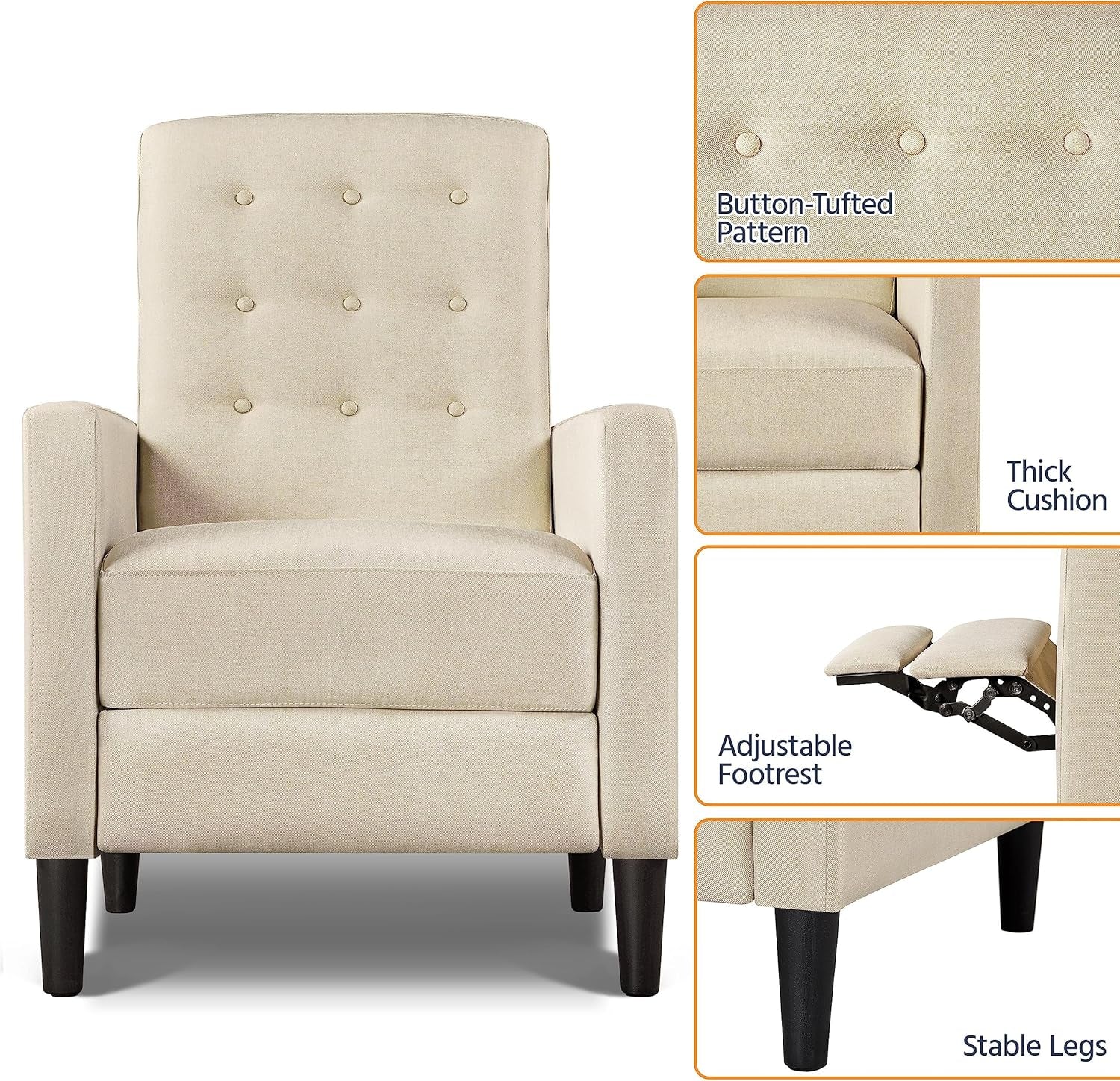 Fabric Recliner Chair Mid-Century Modern Recliner Adjustable Single Recliner Sofa with Thicker Seat Cushion Tufted Upholstered Sofa with Pocket Spring for Living Room Bedroom Beige-4