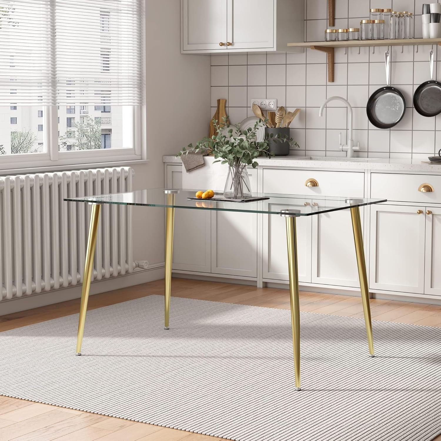 Glass Dining Table for 4 with 51 Inch Clear Tempered Glass Top, 0.31" Modern Rectangular Glass Kitchen Table Furniture with 4 Golden Plating Metal Legs for Home Kitchen Room-2