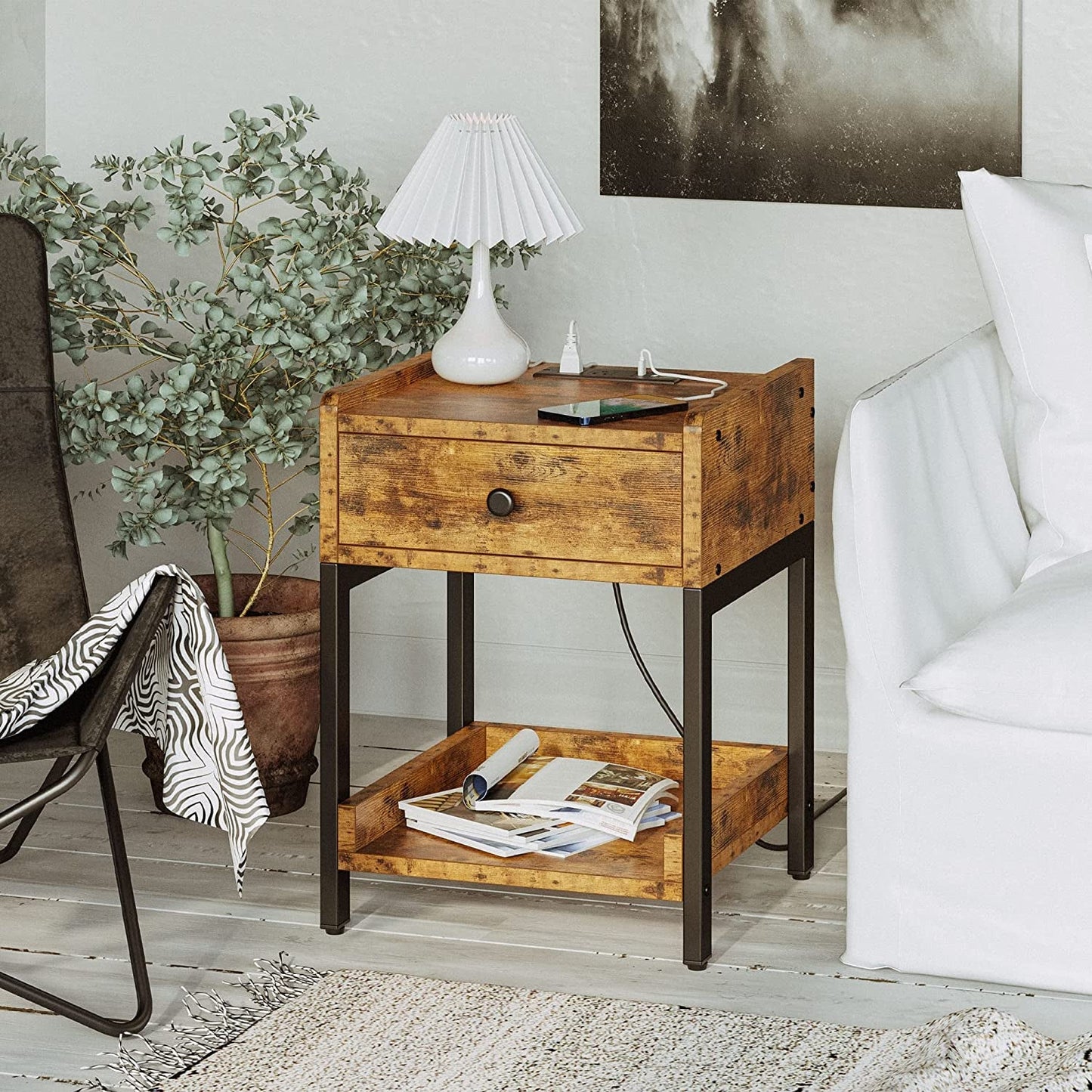 Bedside Table with Charging Station, Vintage Brown-3