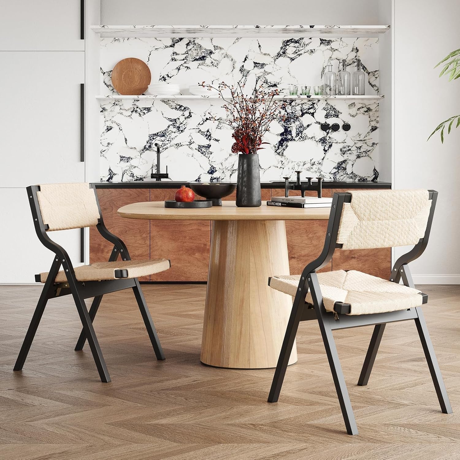 Wood Folding Chairs Set of 2, Foldable Chairs Chairs Wooden Stackable Dining Chairs for Kitchen & Dining Room Chair, Woven Seat & Webbing Back-2