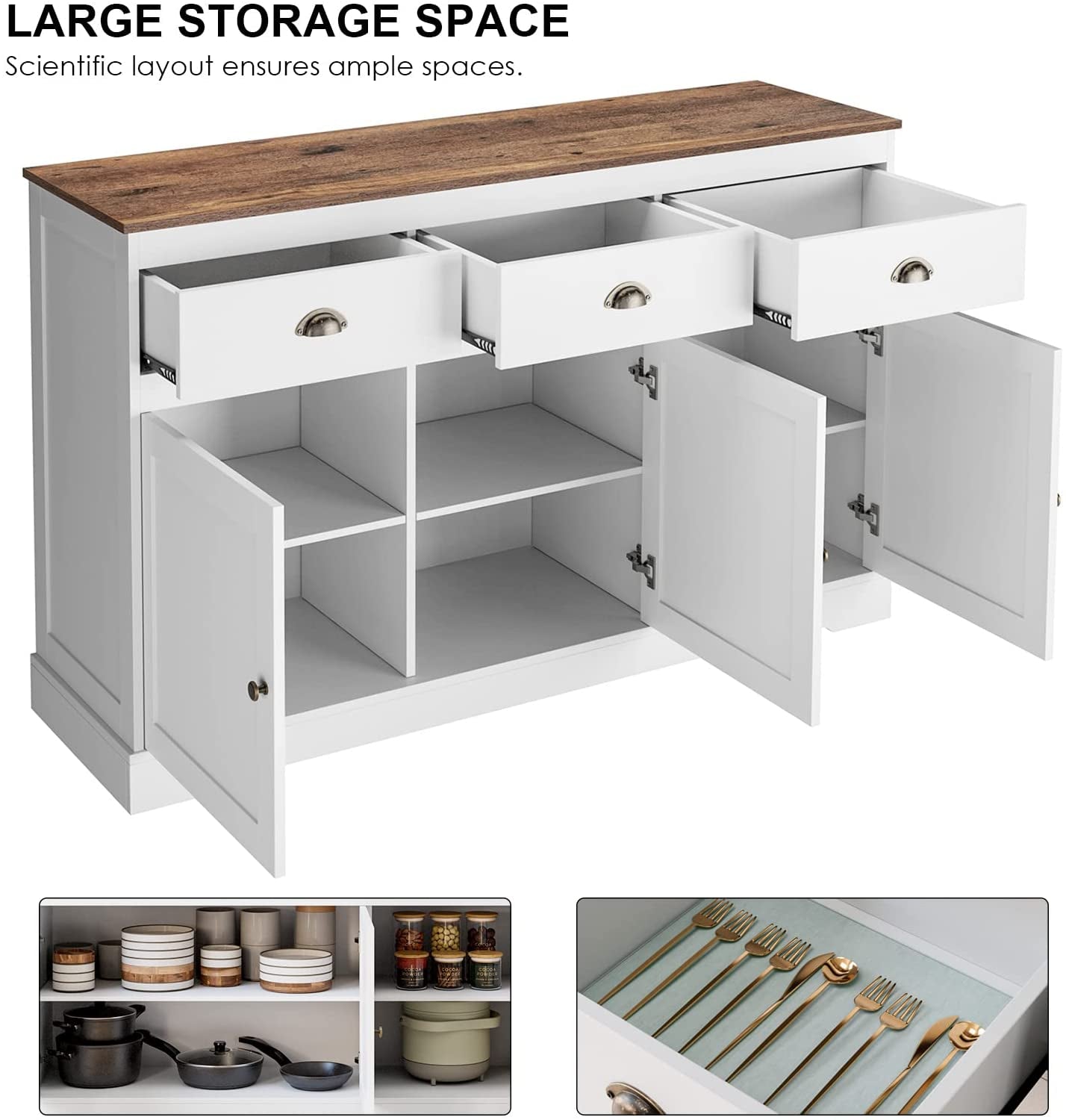 Farmhouse Buffet Cabinet, Wine Storage, Adjustable Shelves-3