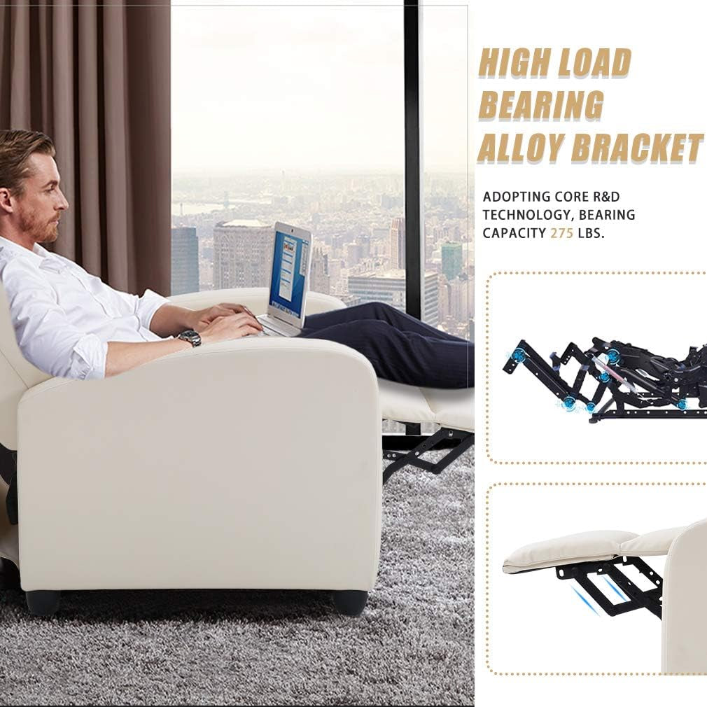 Recliner Chair for Living Room Recliner Sofa Reading Chair Winback Single Sofa Home Theater Seating Modern Reclining Chair Easy Lounge with PU Leather Padded Seat Backrest （Beige）-3