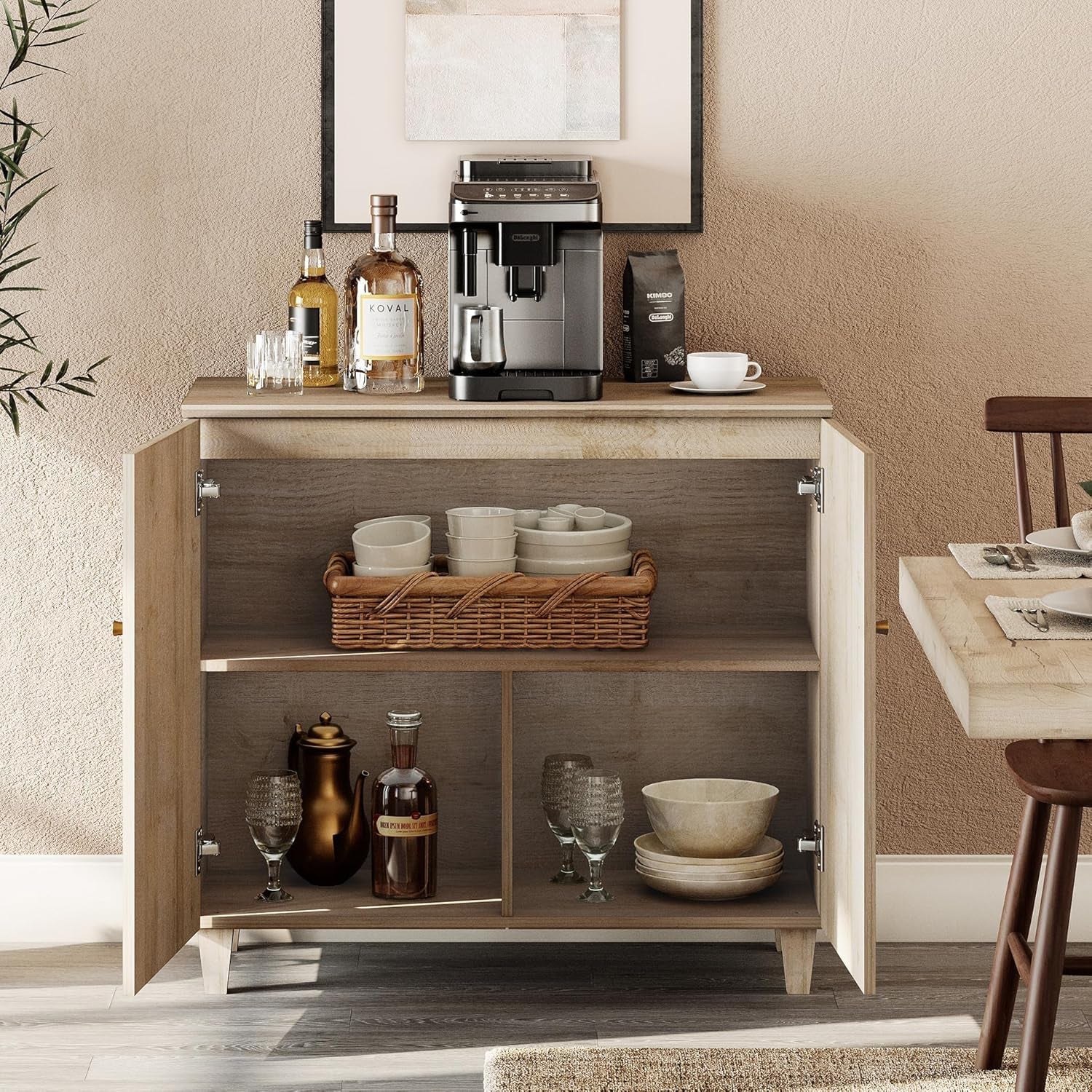 Sideboards Buffet Cabinet, 35.4" Wide Wooden Credenza Storage Cabinet with 2 Doors, Modern Kitchen Accent Cabinet with 3 Compartments for Living Room, Hallway, Light Oak-3