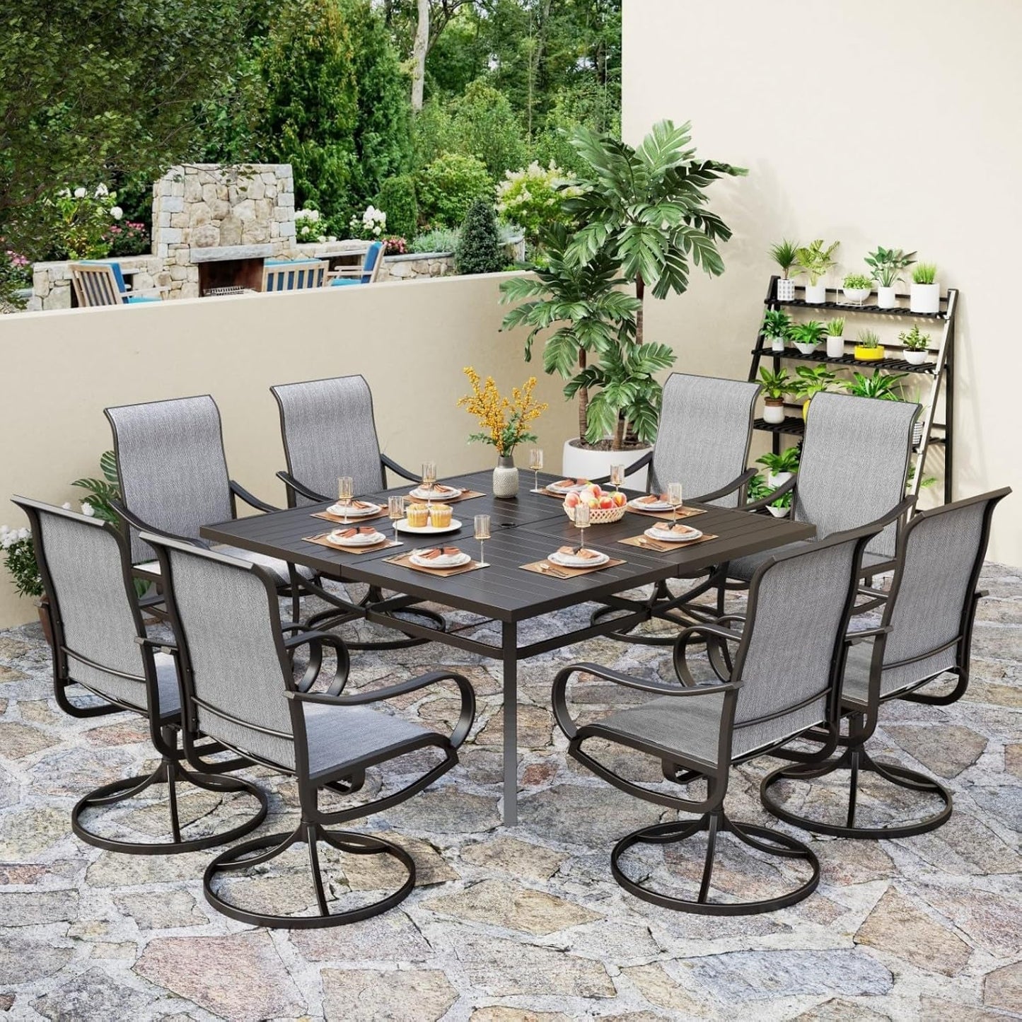 9 Piece Outdoor Patio Dining Set, Large Square Metal Dining Table and 8 Outdoor Swivel Dining Chairs, Patio Table and Gray Chair Furniture Dining Set for 8 Person-0