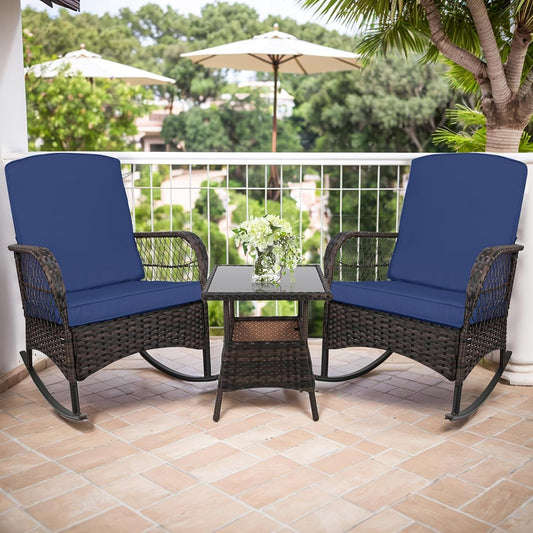 3 Pcs Rocking Bistro Set Conversation Chairs with Arm Rest, Cushion Availability PE Wicker Outdoor Rocking Chairs for Relaxing(Dark Blue)-0