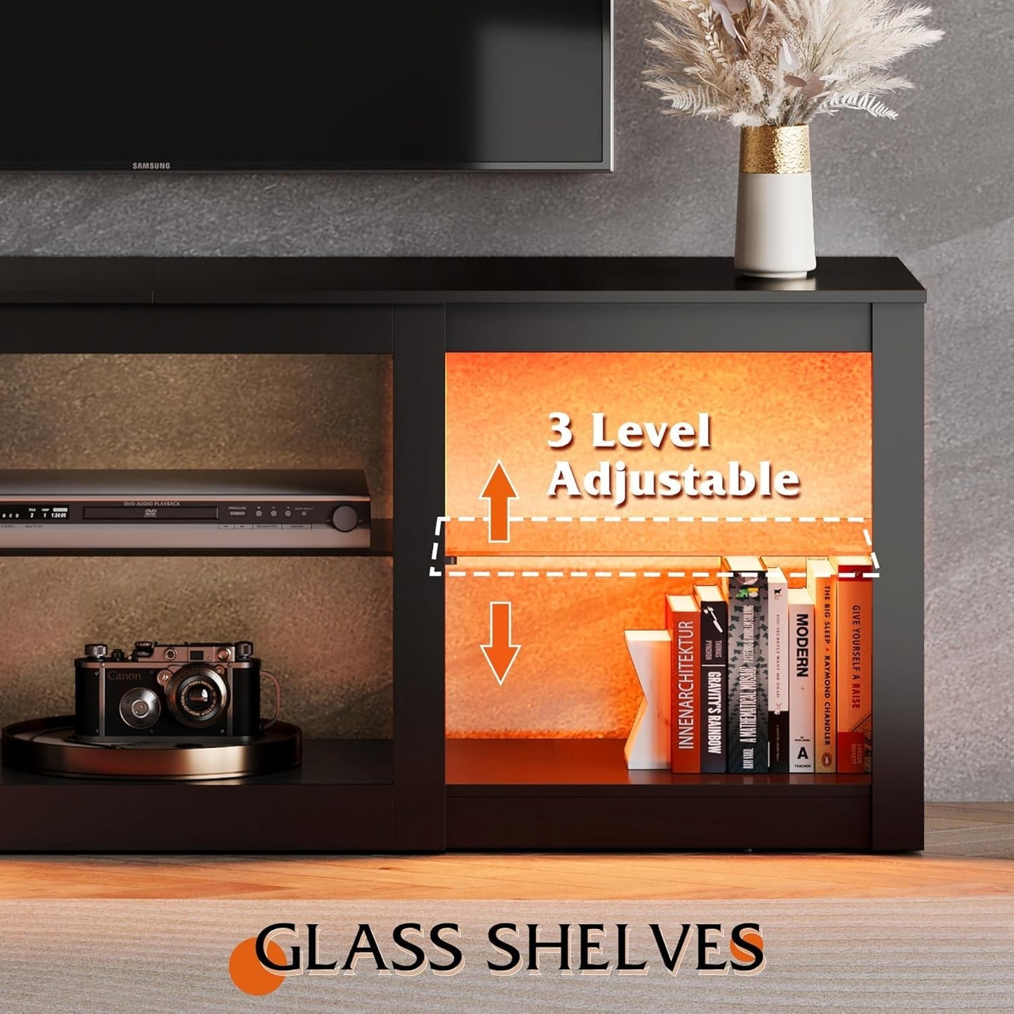 LED TV Stand for 65-Inch TV, 58-Inch Entertainment Center with Adjustable Glass Shelves, Modern Media Console for Living Room & Bedroom, Black-4