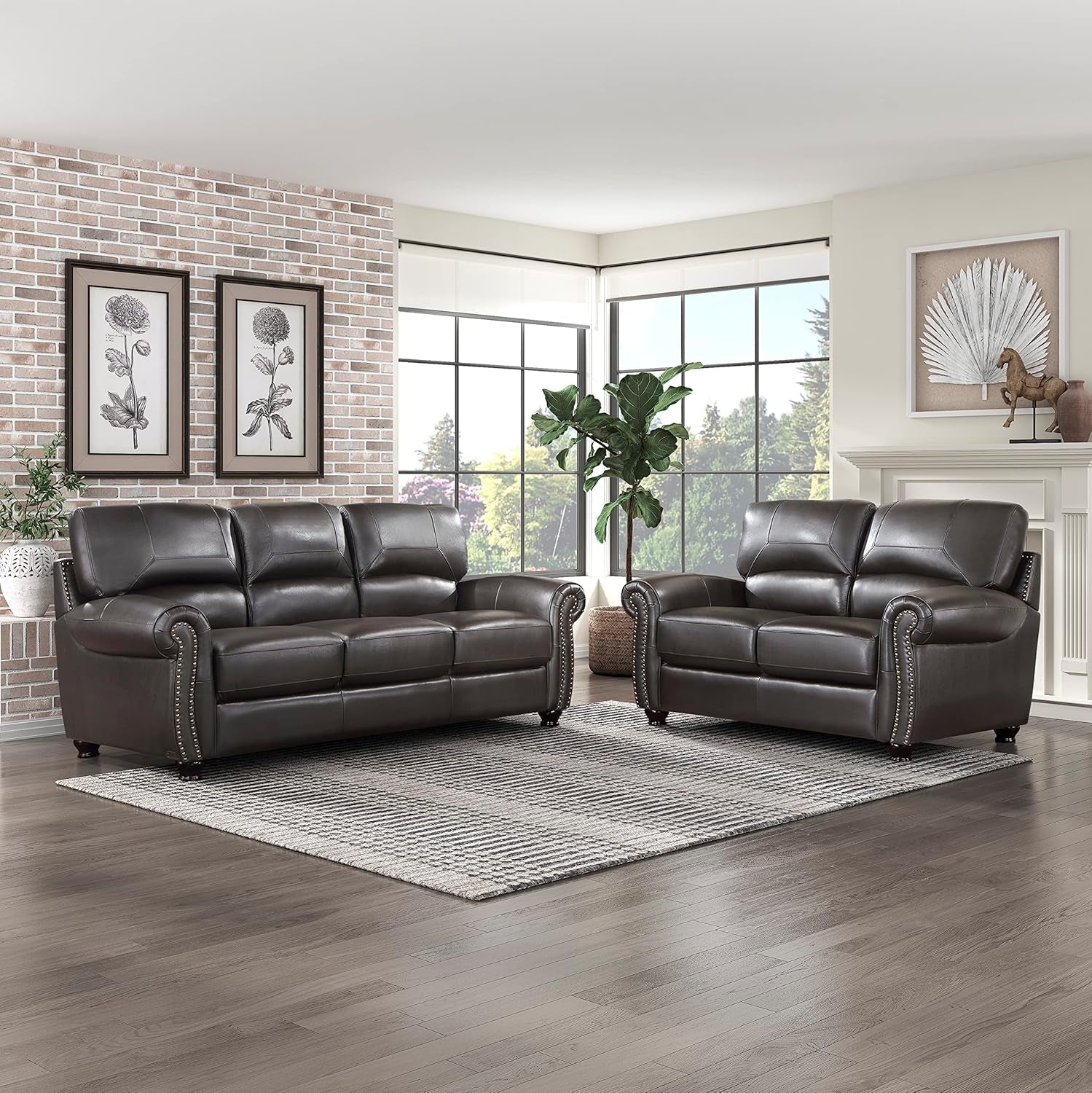 Leather Sofa Set, Top Grain Leather Living Room Furniture Sets, Include Sofa Couch and Loveseat, 2-Piece Set, Dark Brown-0