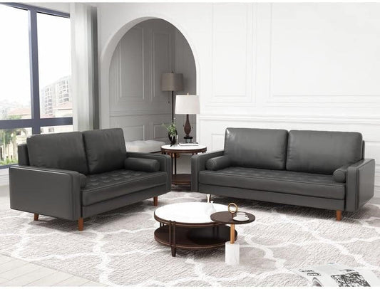 2 Piece Mid-Century Square Arm Leather Sofa Living Room Set - Sofa Width:70" &Loveseat Width:58" White-1