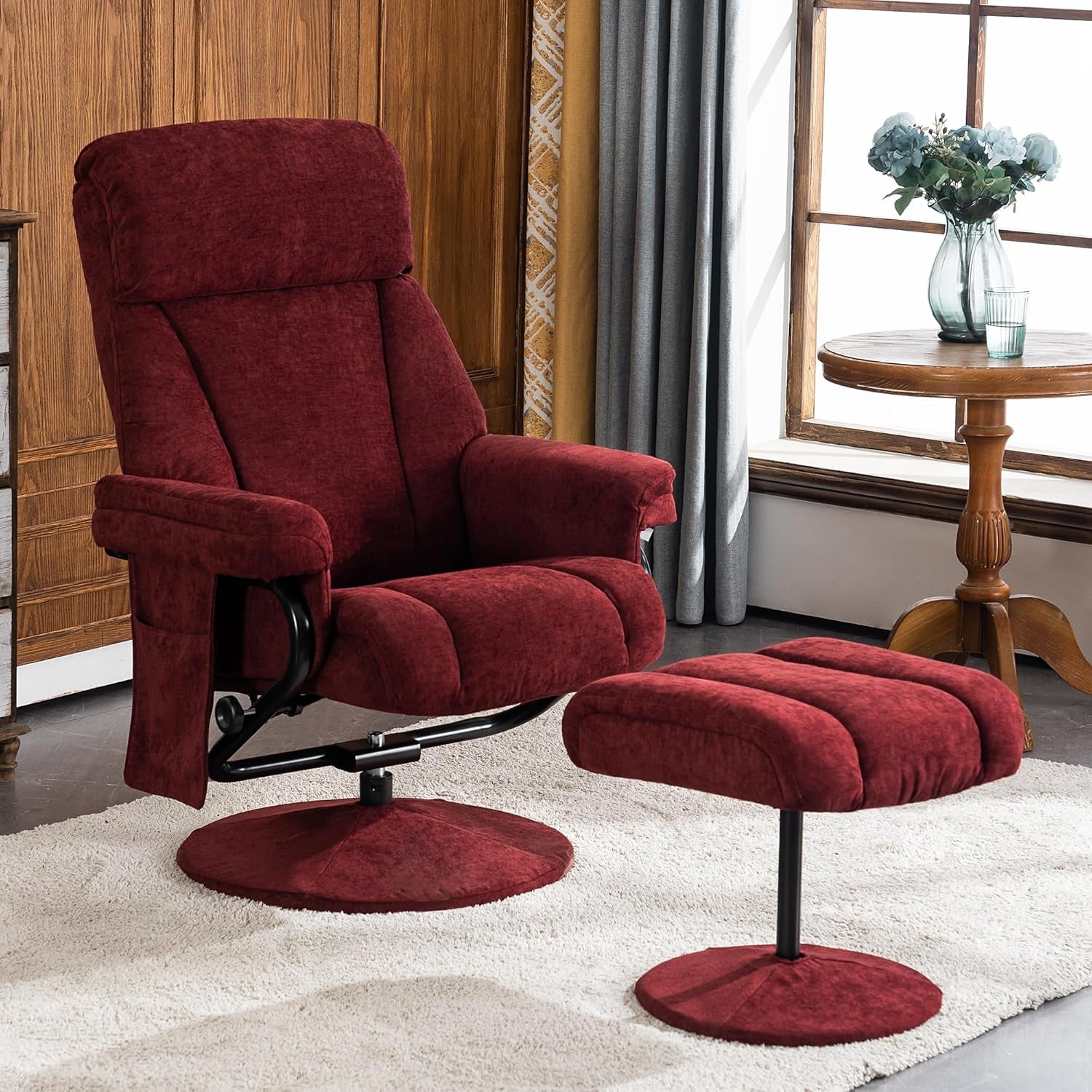 Swivel Recliner with Ottoman, TV Chair with Vibration Massage, Ideal for RV Small Space, Living Room & Bedroom 4539 4828 (Textile, Burgundy)-3