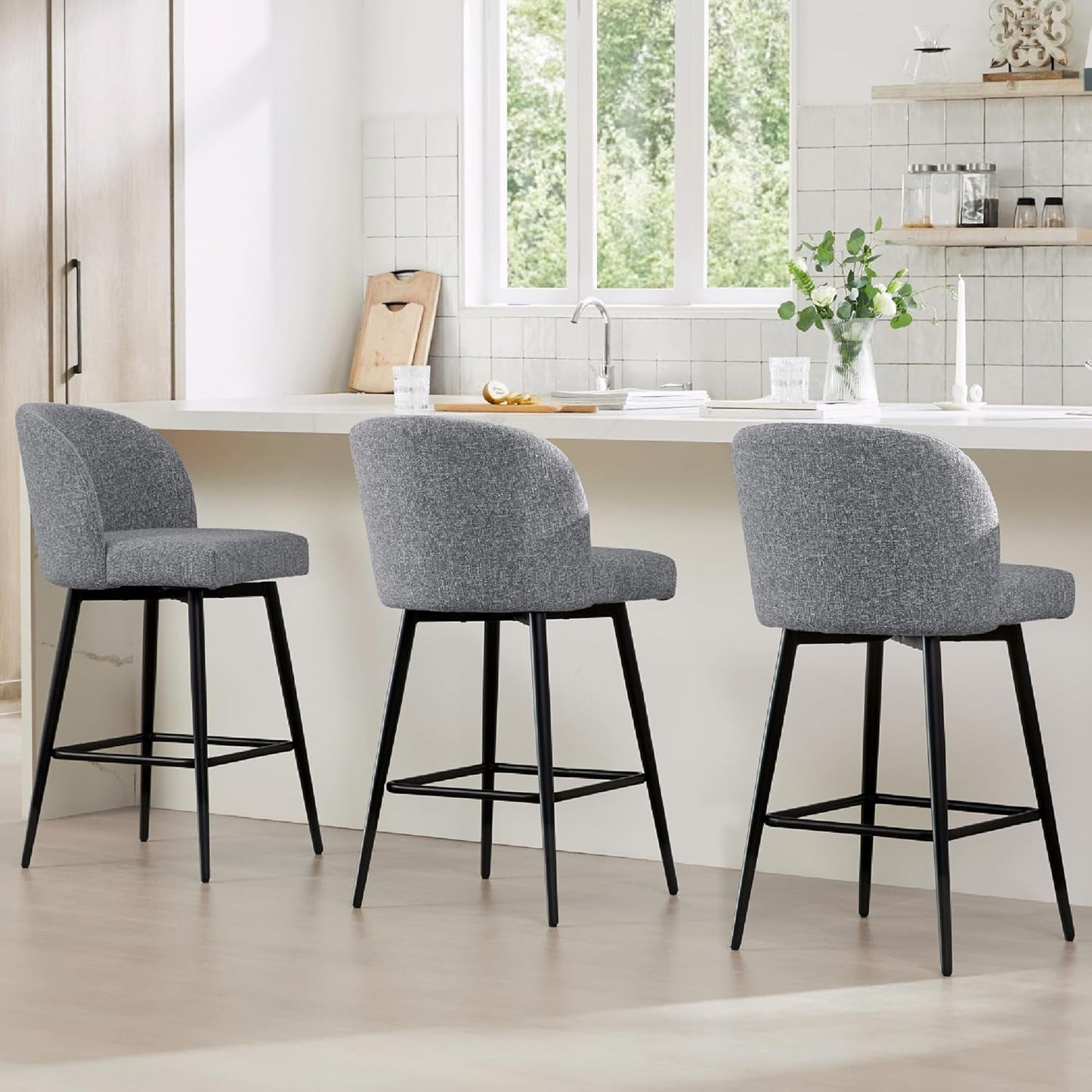 Counter Height Bar Stools Set of 3, 360° Swivel Upholstered Barstools with Backs and Metal Legs, 26" H Seat Height, Fabric in Grey (Multi-Colored)-0