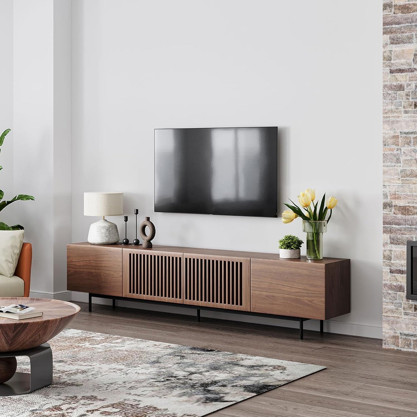 Modern Solid Wood TV Stand, Entertainment Center for 70 75+ Inch TV, Slatted Media Console TV Cabinet with Tall-Cast Metal Legs, Walnut Veneer, Fully-Assembled, 78"-2