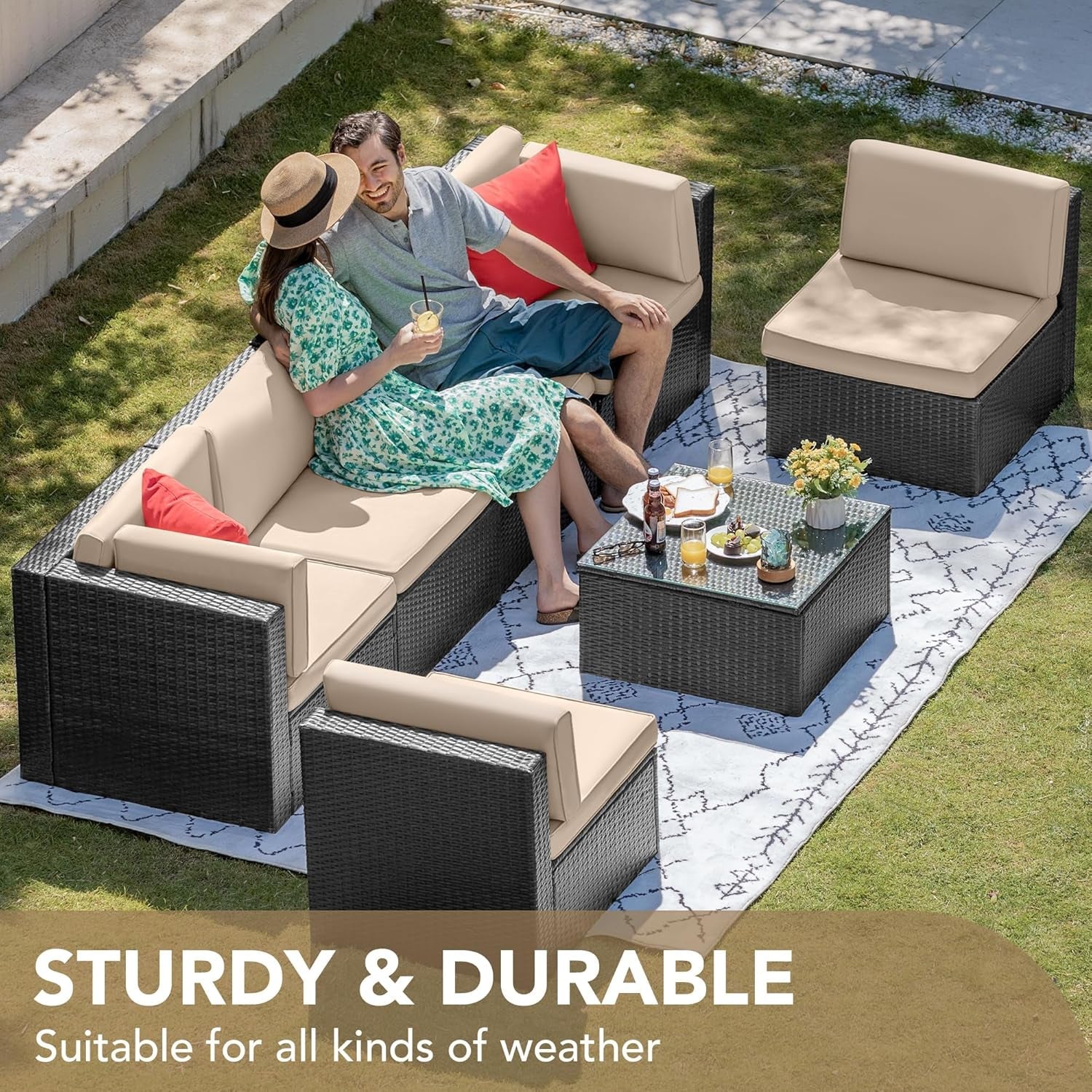 7 Pieces Outdoor Sectional Sofa Patio Furniture Sets Manual Weaving Wicker Rattan Patio Conversation Sets with Cushion and Glass Table (Beige)-1