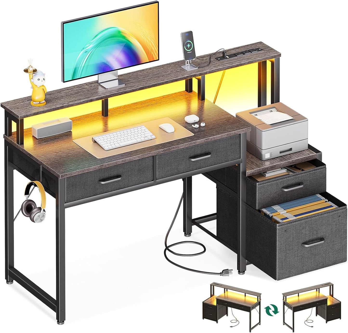 48-Inch Computer Desk with Fabric File Cabinet and Fabric Drawers, Reversible Office Desk with LED Strip and Power Strip, Gaming Desk with Monitor Riser, Writing/Study Table for Home, Oak Grey-0