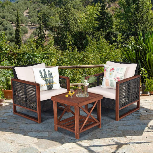 3 Pieces Outdoor Patio Furniture Set Wicker Chairs with Coffee Table, Balcony Porch Furniture Bistro Set with Wood Frame and Washable Cushions for Garden Poolside Backyard-1