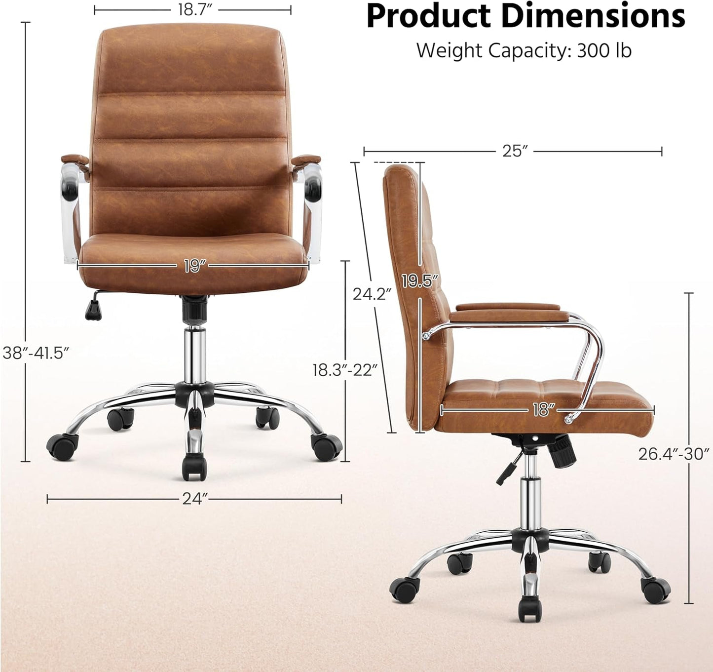 Mid-Back Office Chair with Arms Swivel PU Leather Height Adjustable Office Executive Chair, Retro Brown-2