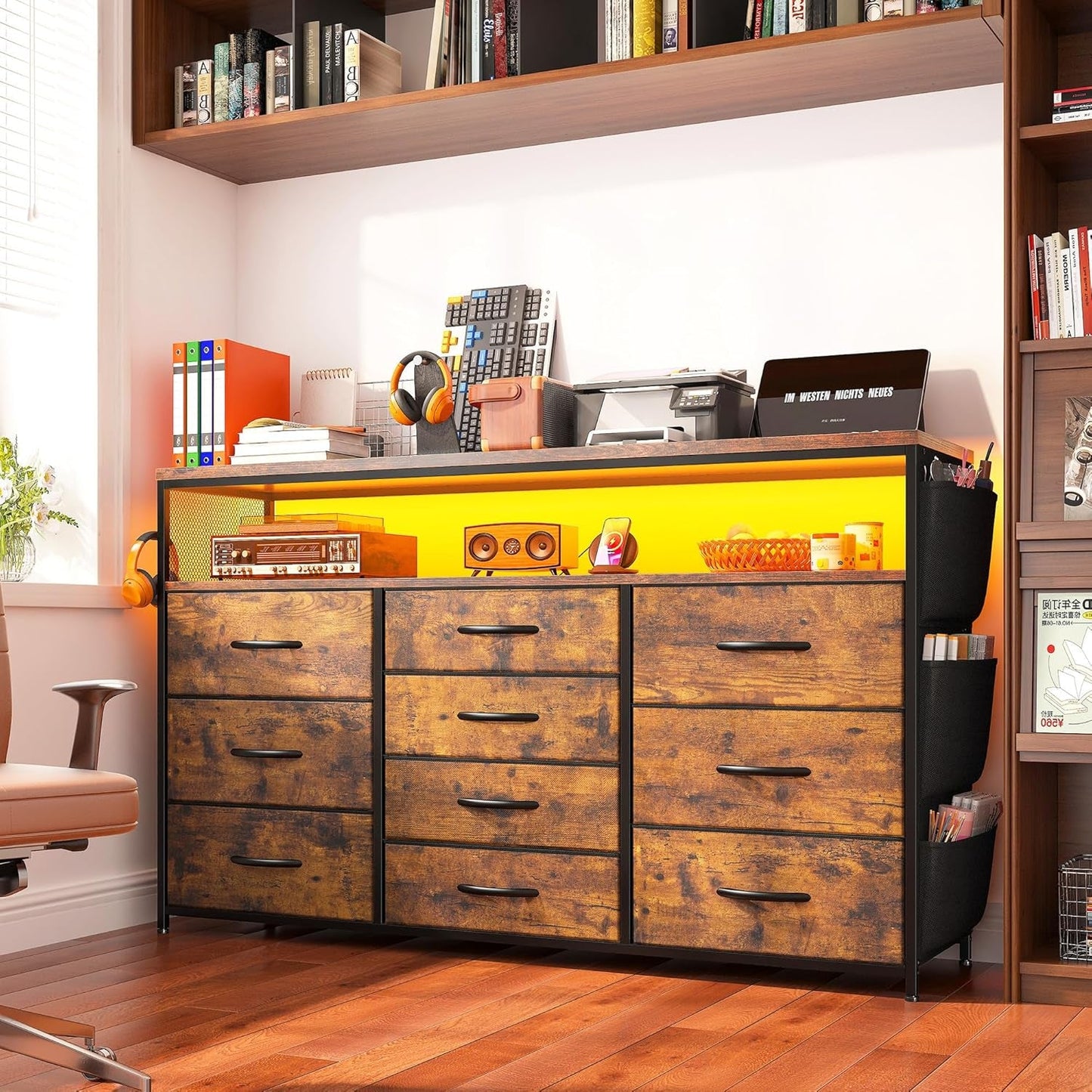 Dresser TV Stand with 10 Drawers for 55" TV Stand for Bedroom with LED Lights & Power Outlets Wide Dresser for Bedroom with Shelves & Side Pockets Sturdy Metal Frame & Wood Top, Rustic Brown-4