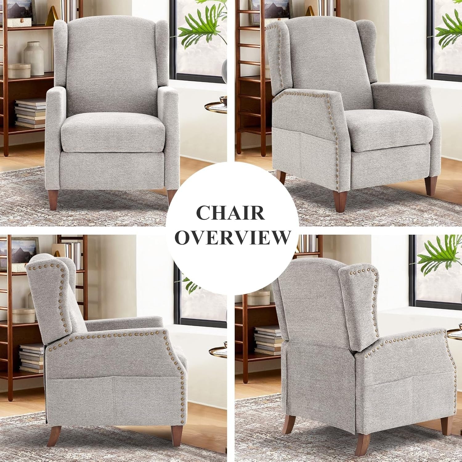 Wingback Pushback Recliner Chair with Storage Pocket, Upholstered Fabric Living Room Chair Armchair, Single Reclining Sofa with Wood Legs and Nailhead Trim for Home/Bedroom, Light Grey-3