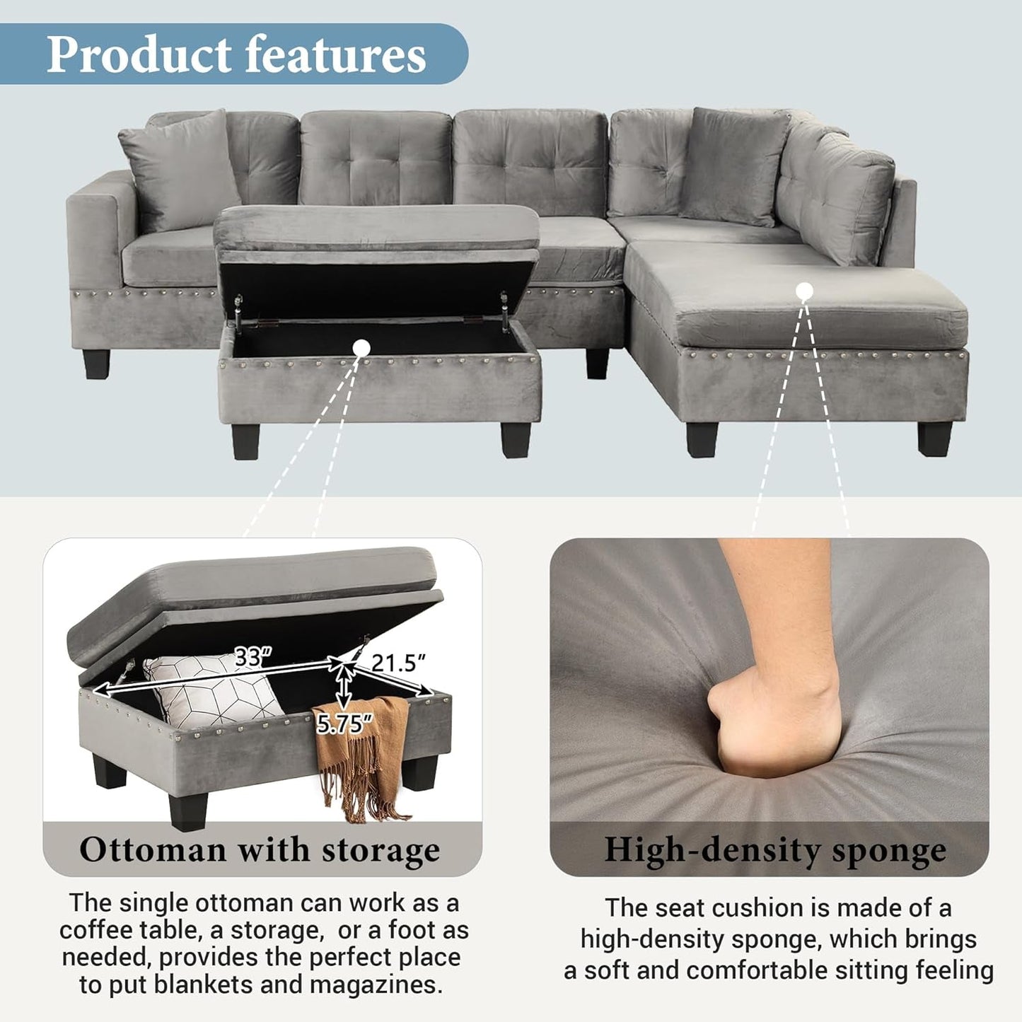 Sectional Sofa Couch with Reversible Chaise and Ottoman, Polyester L-Shape Couch with 2 Pillows and Cup Holder, Sectional Sofas for Living Room (Gray)-4