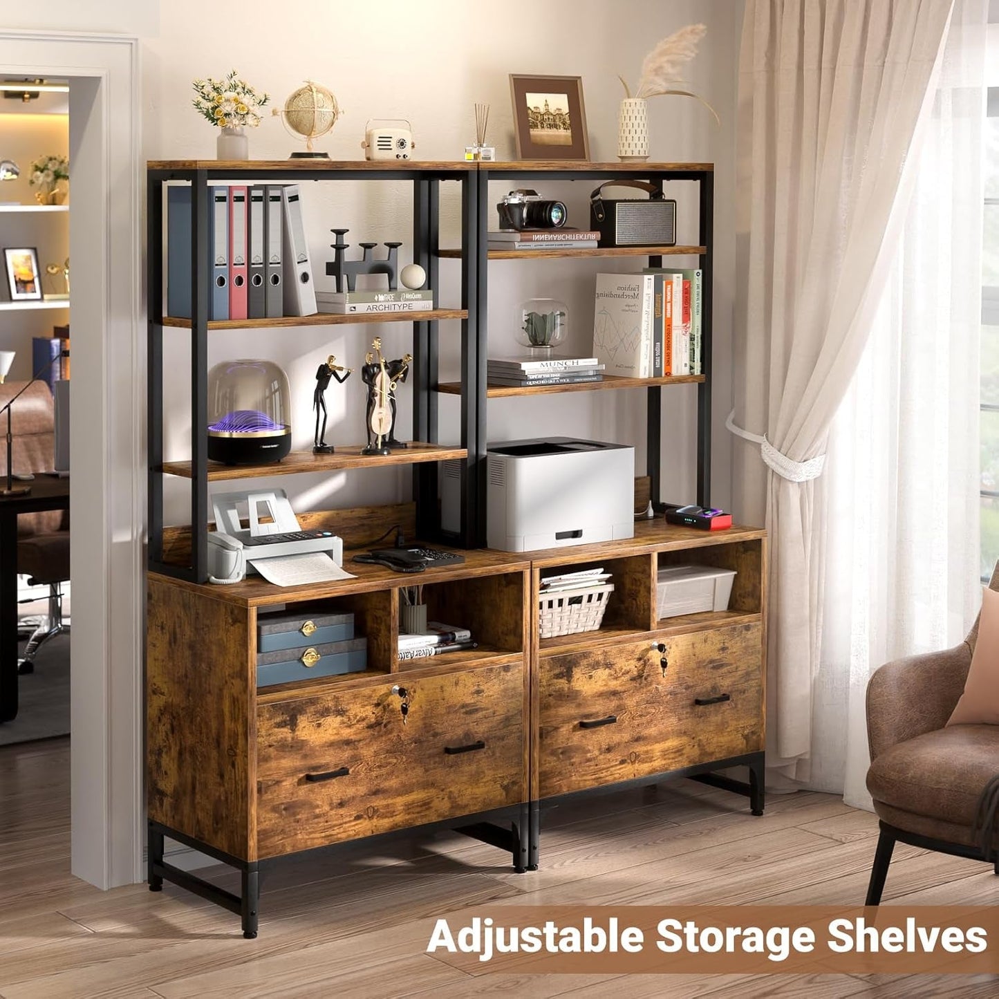 File Cabinet with Charging Station, Vertical Filing Cabinet with Lock & Large Drawer, Printer Stand with Storage Shelves, Office Storage Cabinet Fits Letter/A4/Legal Size,Rustic Brown-4