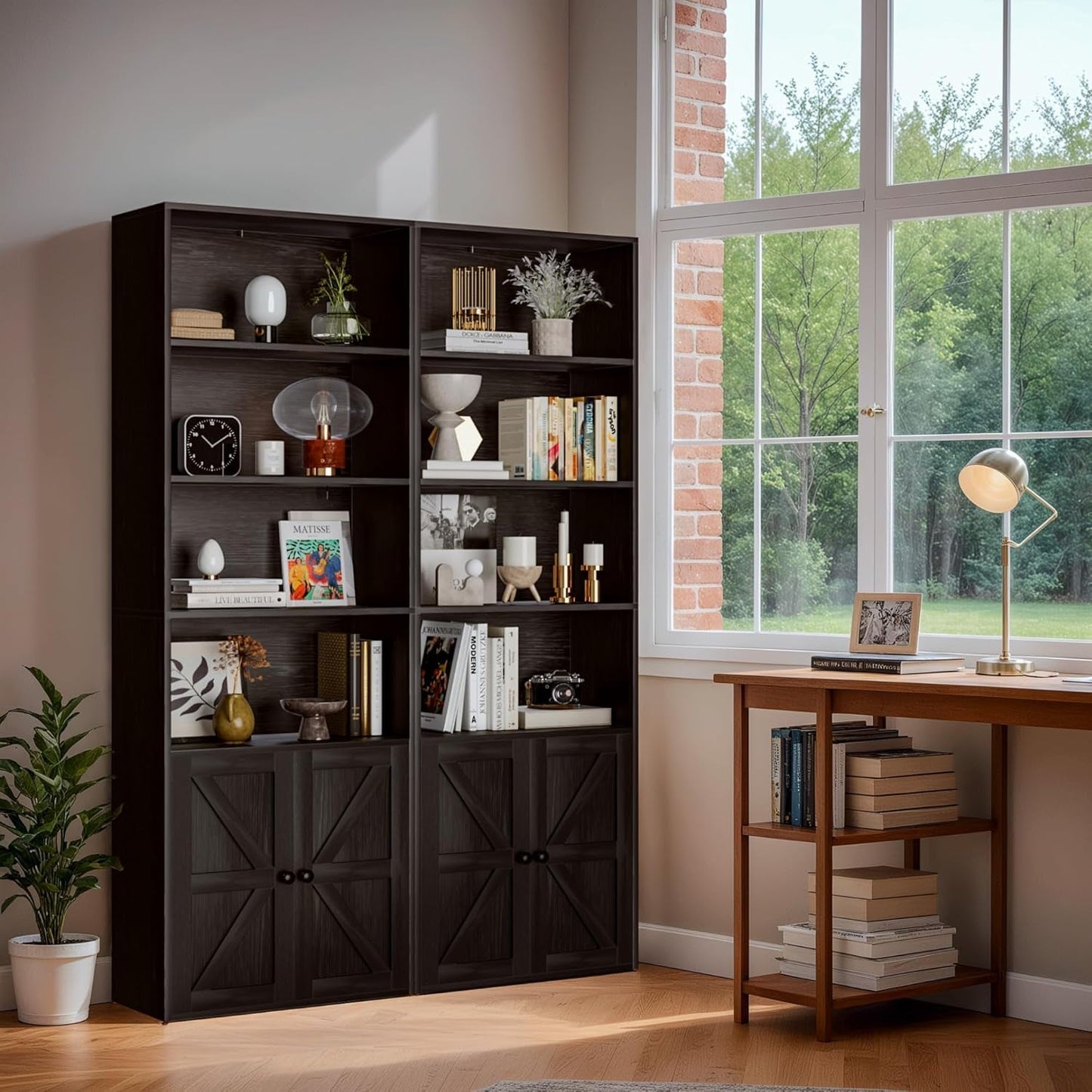 Industrial Bookshelf and Bookcases with Doors Modern Bookshelf Cabinet Tall Bookshelf Storage for Home Office, Bedroom (Black)-3